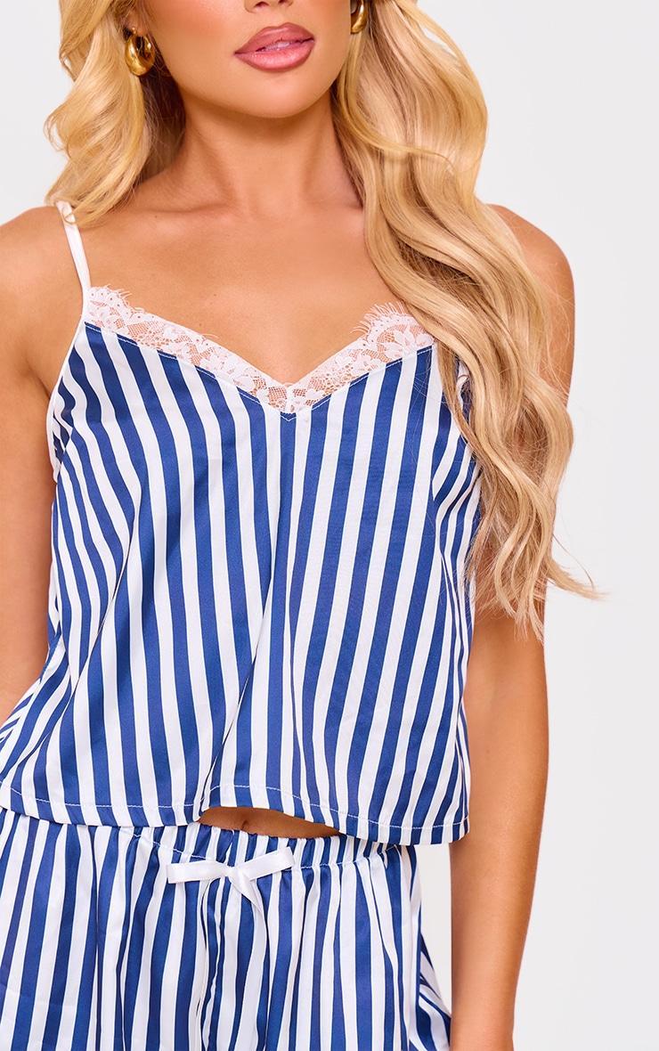 Navy Stripe Contrast Lace Satin Cami Short Pj Set Product Image