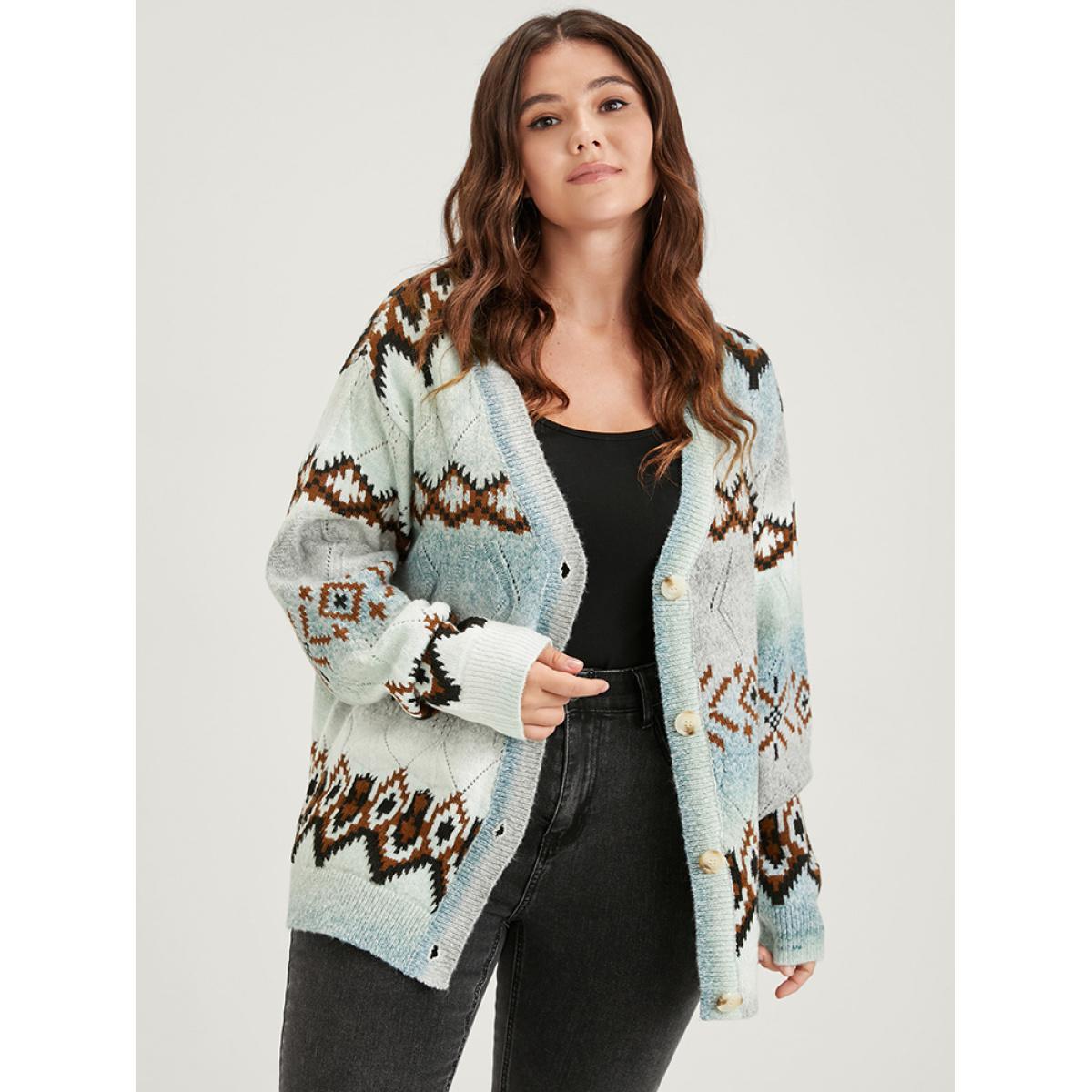Plus Size Geometric Print Super Soft Plush Knit Button Front Cardigan Multicolor Women Casual Loose Long Sleeve Dailywear Cardigans BloomChic 18-20/2X Product Image