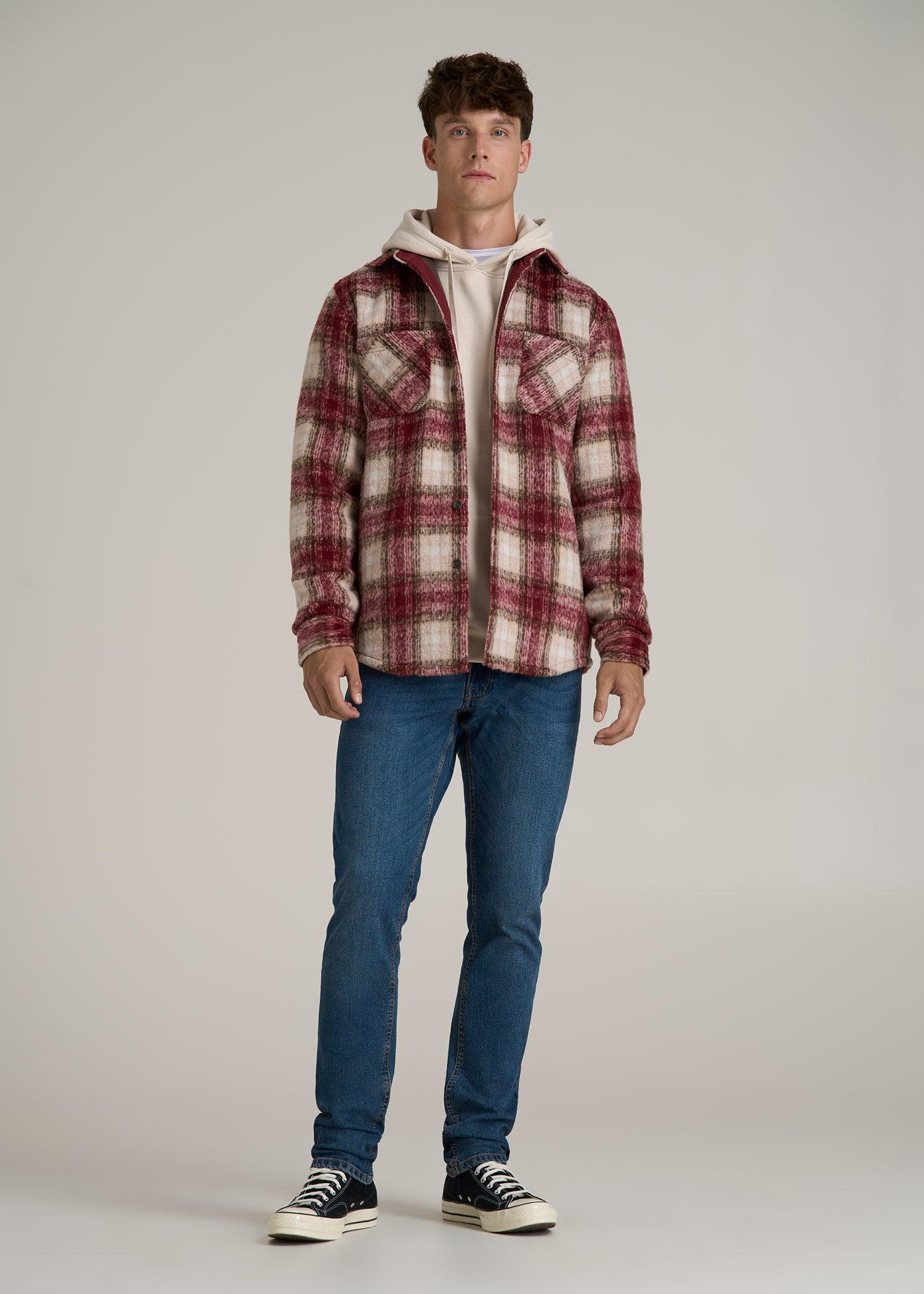 Brushed Flannel Overshirt for Tall Men in Ecru and Red Plaid Product Image
