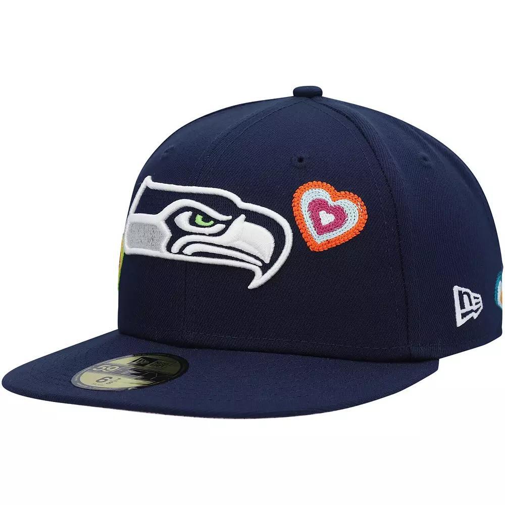 Men's New Era College Navy Seattle Seahawks Chain Stitch Heart 59FIFTY Fitted Hat, Size: 7 1/2, Blue Product Image