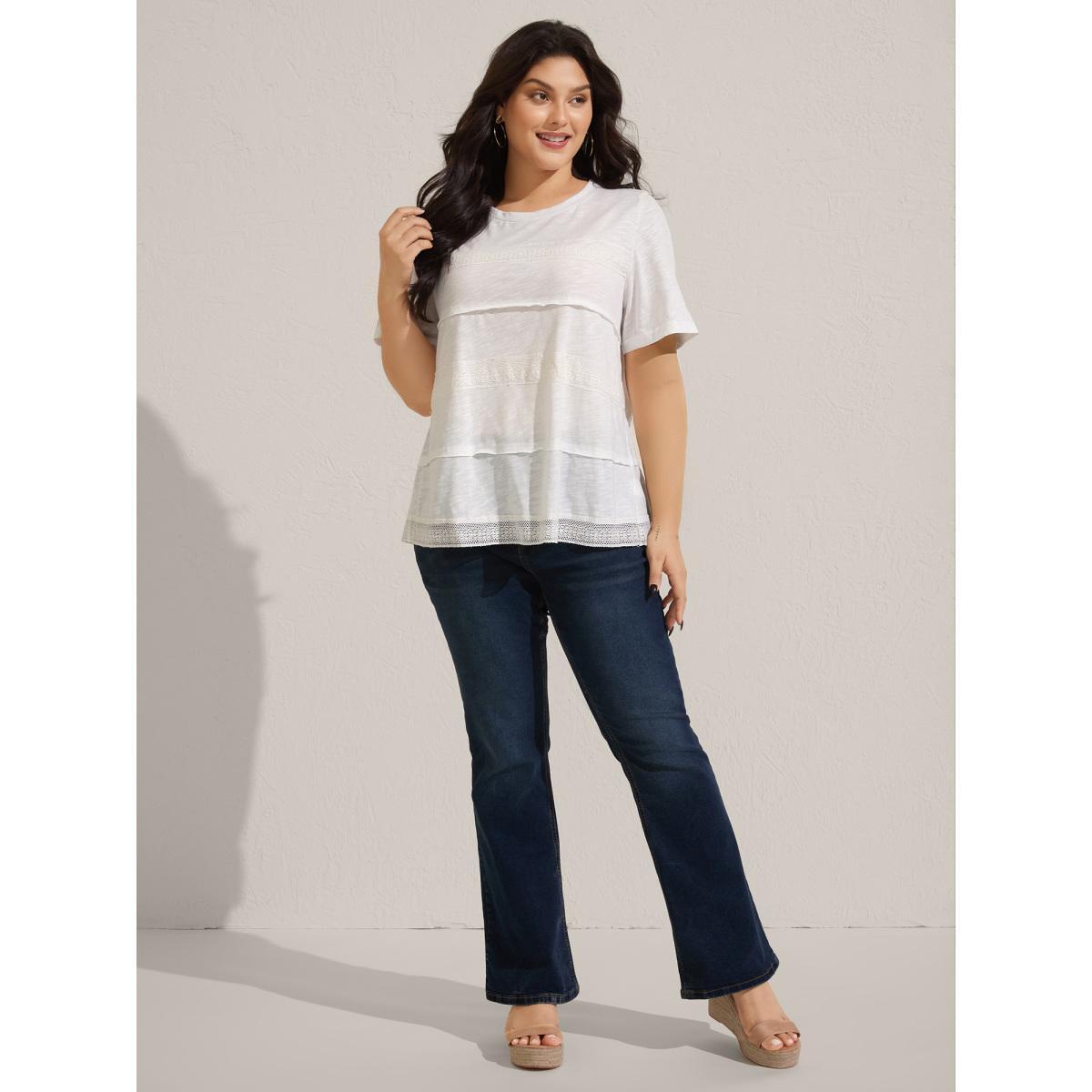 Plus Size Cotton Lace Trim Sheer Solid T-Shirt Originalwhite Women Tucked seam Round Neck Vacation T-shirts BloomChic 30/6X Product Image