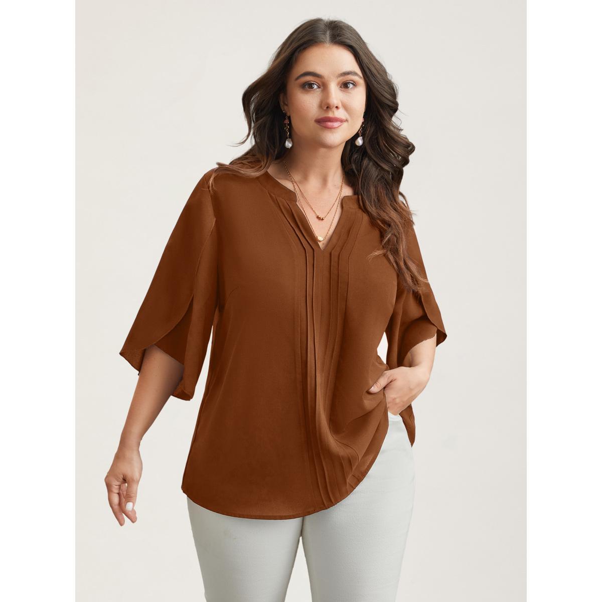Plus Size Browncoffeecolor Petal Sleeve Toothpick Pleats Shirt Women At the Office Elbow-length sleeve Notched collar Work Blouses BloomChic 28/5X Product Image