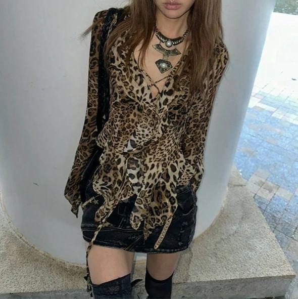 Leopard Print Long Sleeve V-Neck Button Up Shirt Product Image