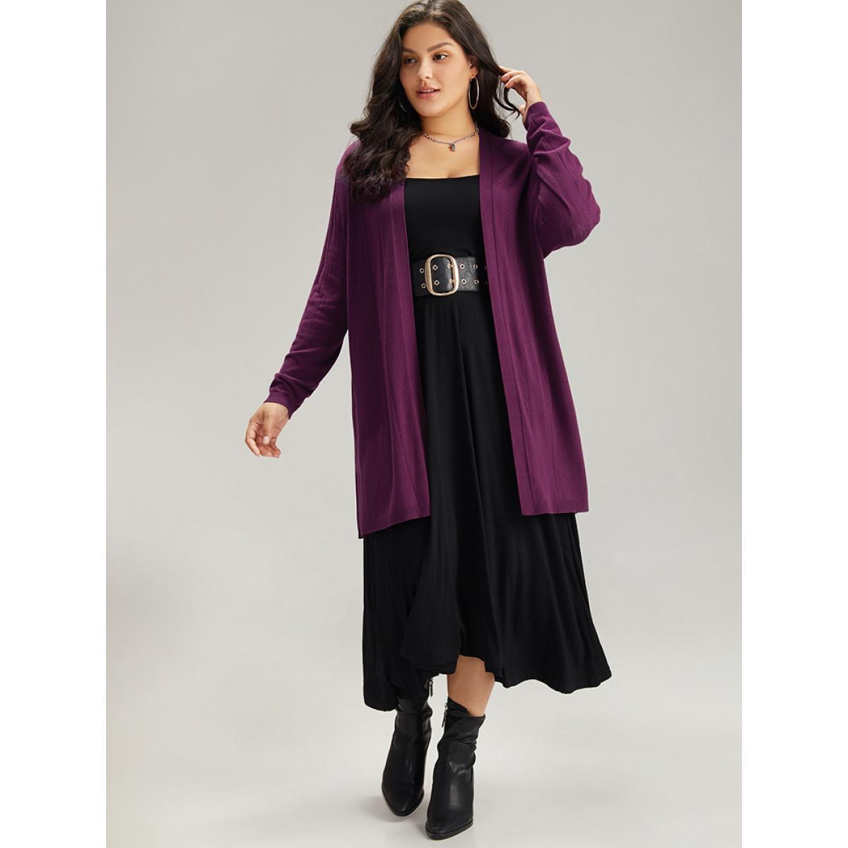 Plus Size Supersoft Essentials Plain Hollow Out Open Front Cardigan Purple Women Basics Loose Long Sleeve Everyday Cardigans BloomChic 30/6X Product Image