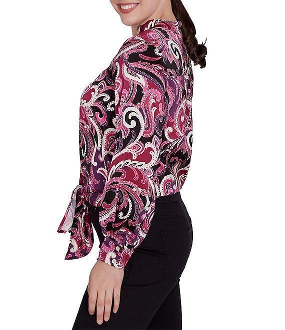 Ruby Rd. Woven Paisley Split V-Neck Long Sleeve Tie-Front Top Product Image