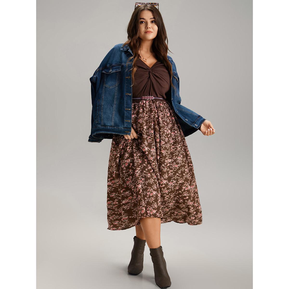 Plus Size Twist Front Ditsy Floral Patchwork Dress DarkBrown Women Elegant Elastic cuffs V-neck Long Sleeve Curvy Midi Dress BloomChic 22-24/3X Product Image