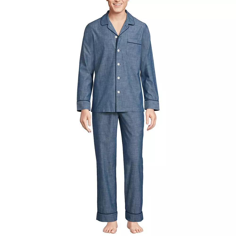 Men's Lands' End Essential Long Sleeve Top & Pants Pajama Set, Size: XXL, Grey Blue Stripe Product Image