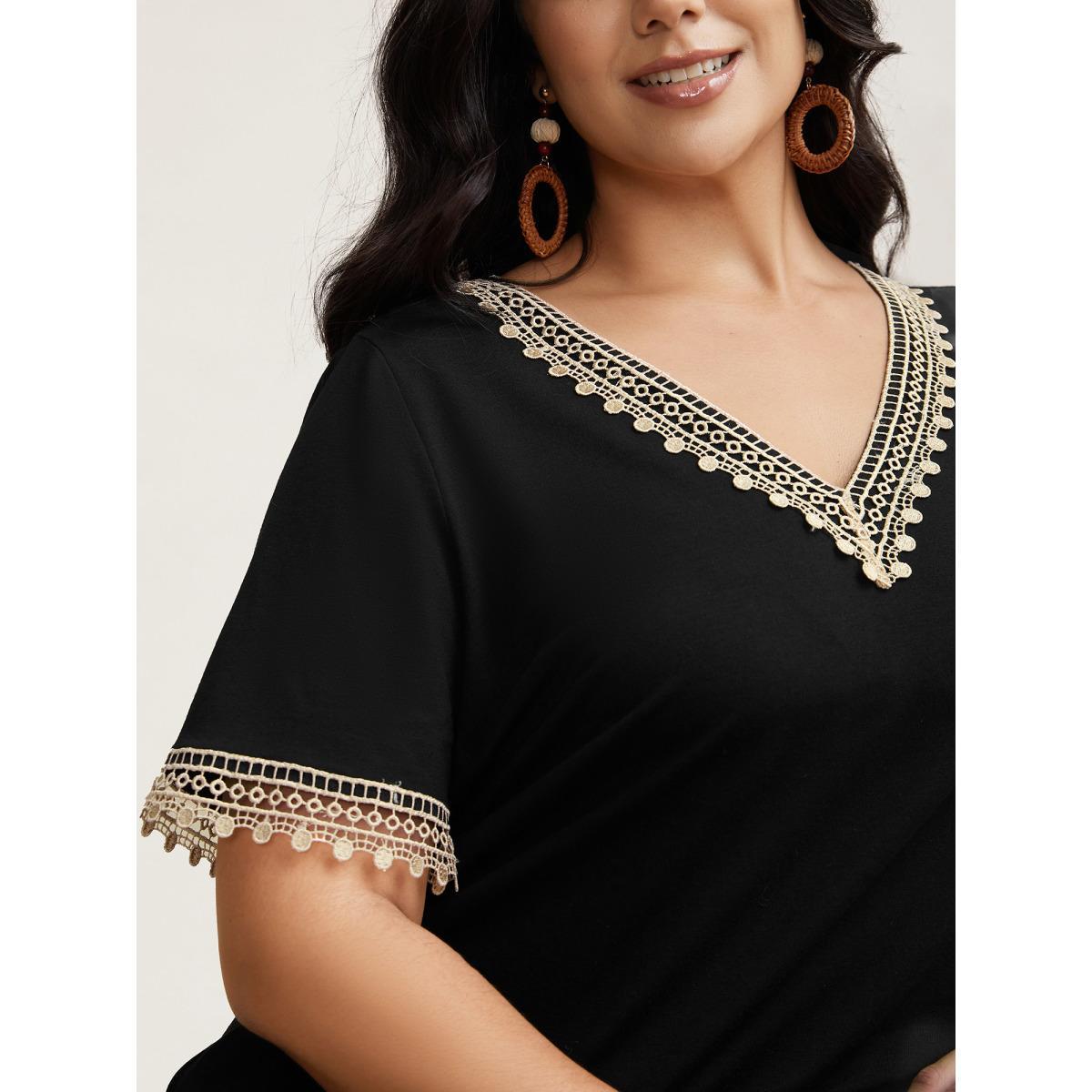 Plus Size Super Soft V-Neck Lace Midi Dress Black Women Resort Woven ribbon&lace trim Knit Dresses Bloomchic 22-24/3X Product Image