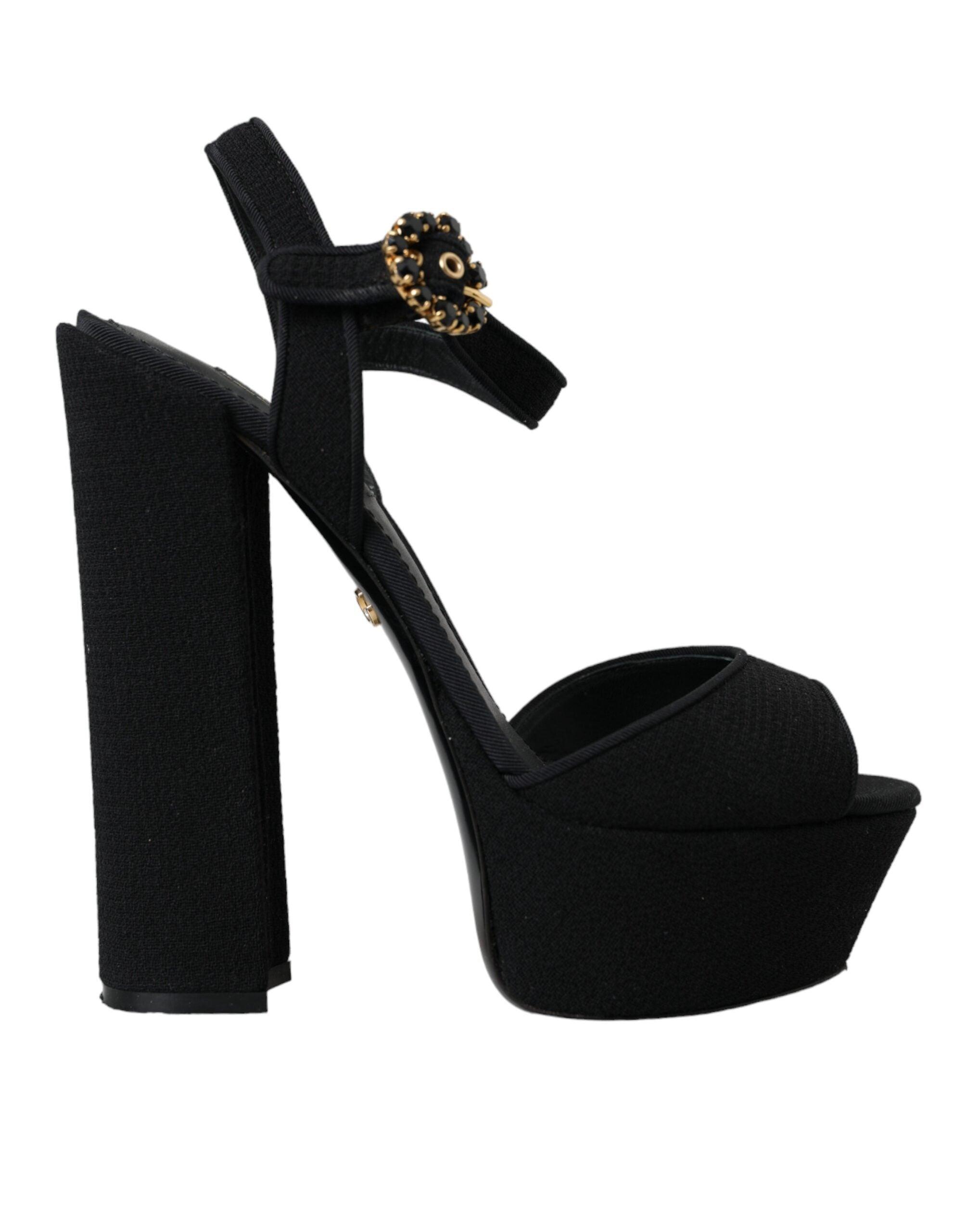 Black Leather Platform Heels Sandals Shoes Product Image