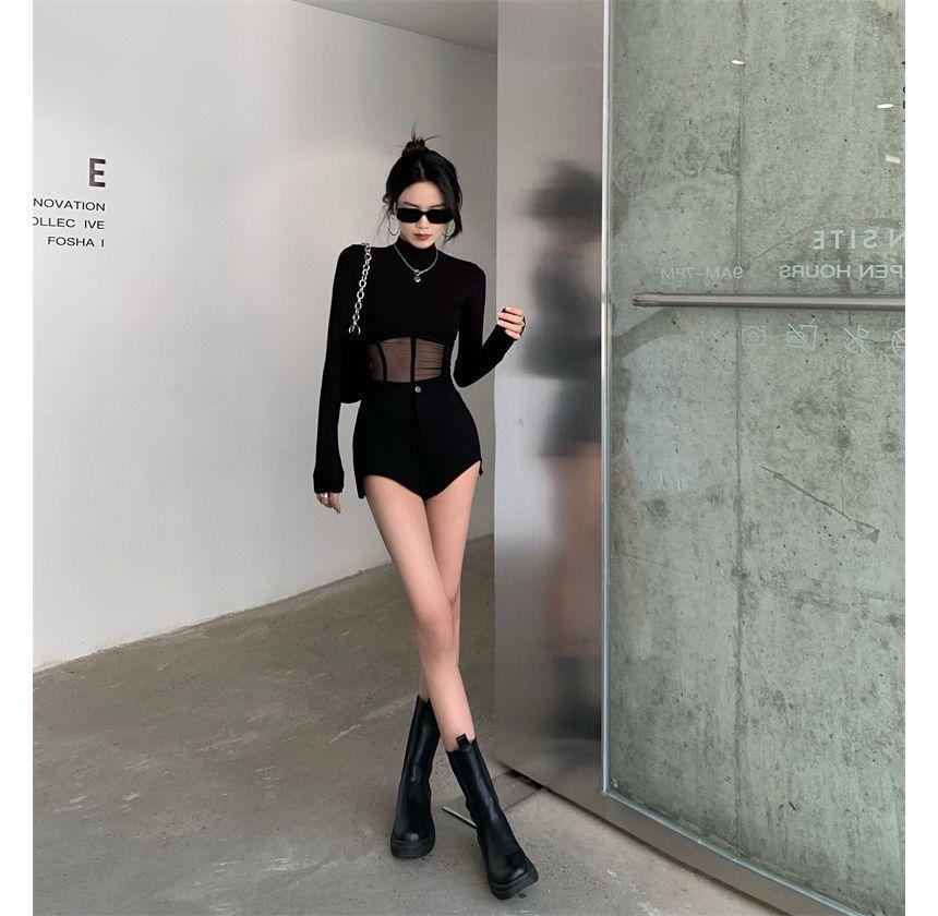 Long-Sleeve Mock-Neck Mesh Corset Waist Top Product Image