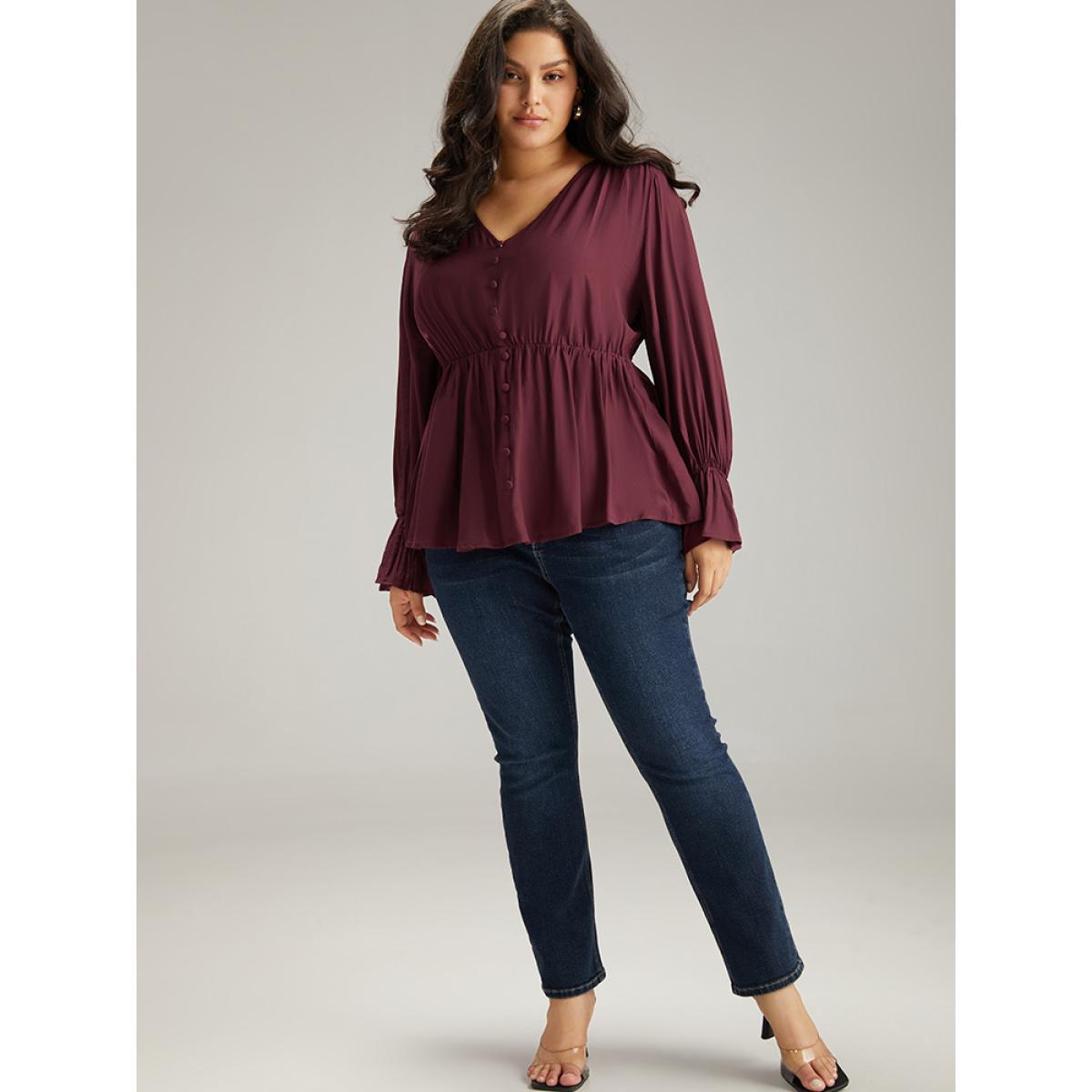 Plus Size Burgundy Button Detail Ruffle Trim Blouse Women Elegant Long Sleeve V-neck Dailywear Blouses BloomChic 22-24/3X Product Image