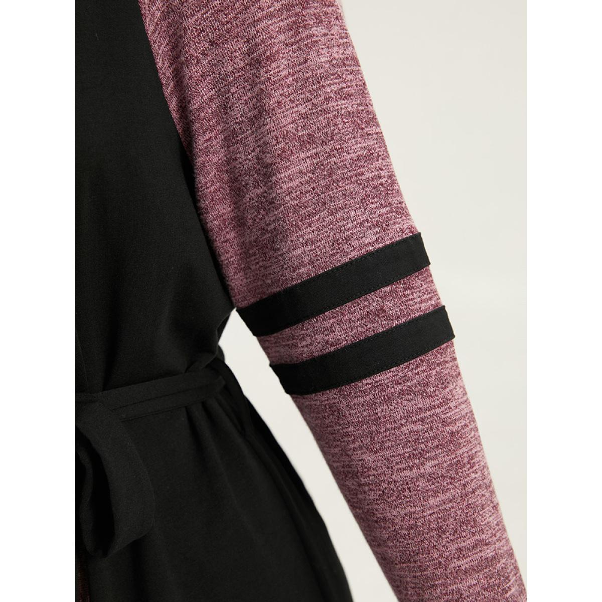 Plus Size Stitch Pocket Striped Patchwork Raglan Sleeve Belted Dress Black Women Casual Belted Round Neck Long Sleeve Curvy Midi Dress BloomChic 10/M Product Image