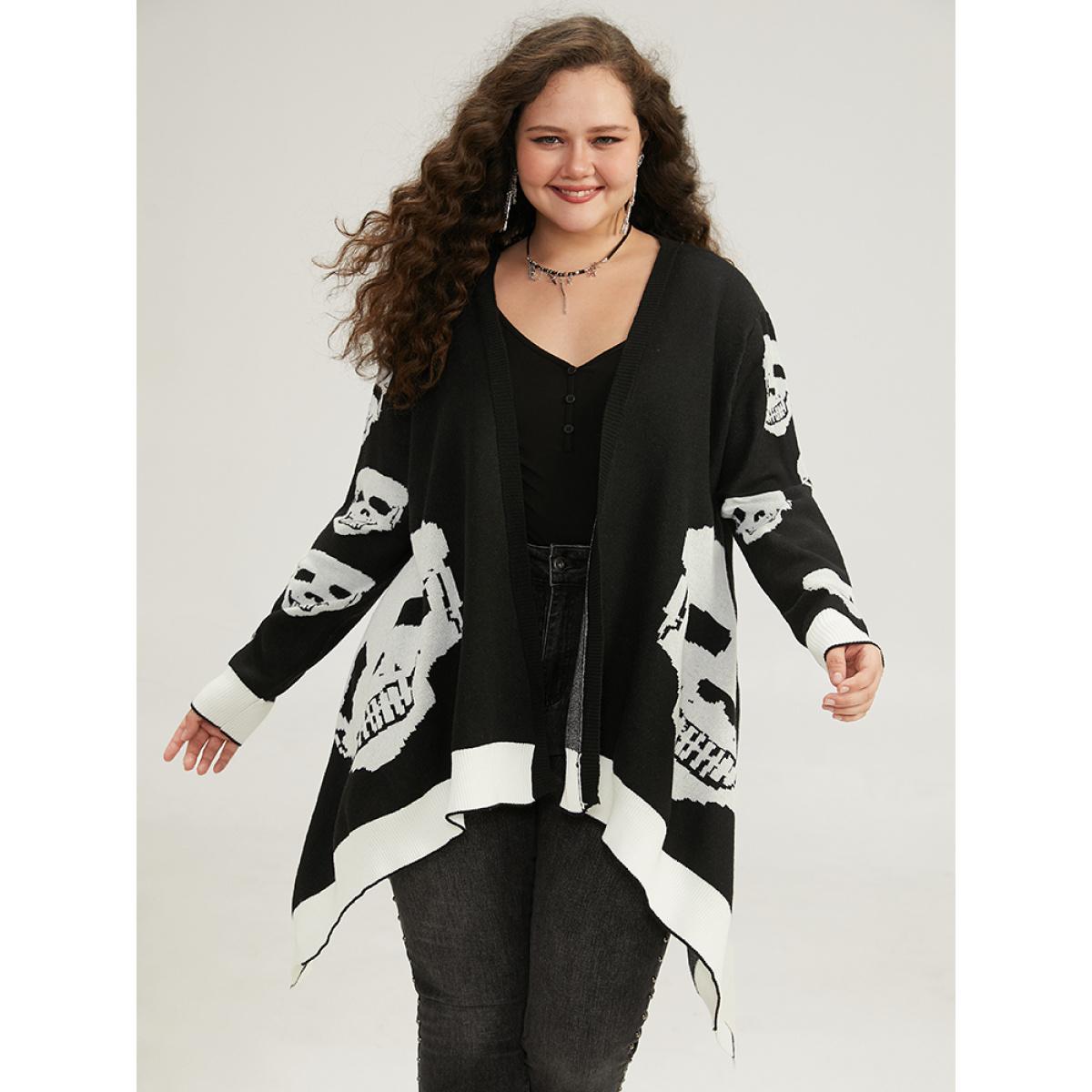 Plus Size Supersoft Essentials Halloween Skull Asymmetrical Hem Cardigan Black Women Casual Loose Long Sleeve Festival-Halloween Cardigans BloomChic 22-24/3X Product Image