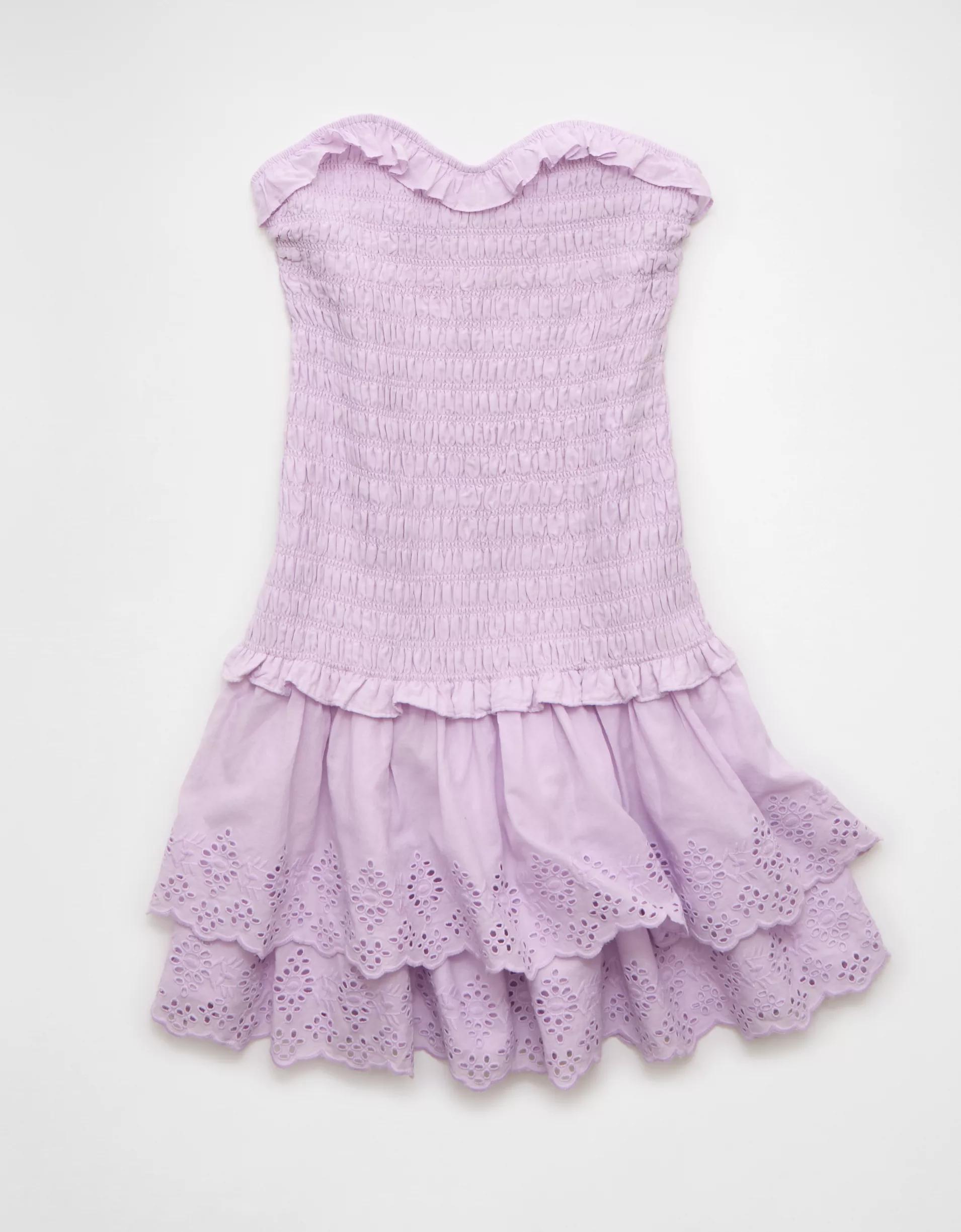 AE Strapless Smocked Ruffle Drop Waist Mini Dress Product Image
