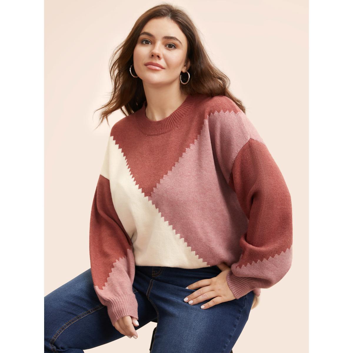 Plus Size Colorblock Contrast Round Neck Pullover DustyPink Women Casual Long Sleeve Round Neck Everyday Pullovers BloomChic 14-16/1X Product Image