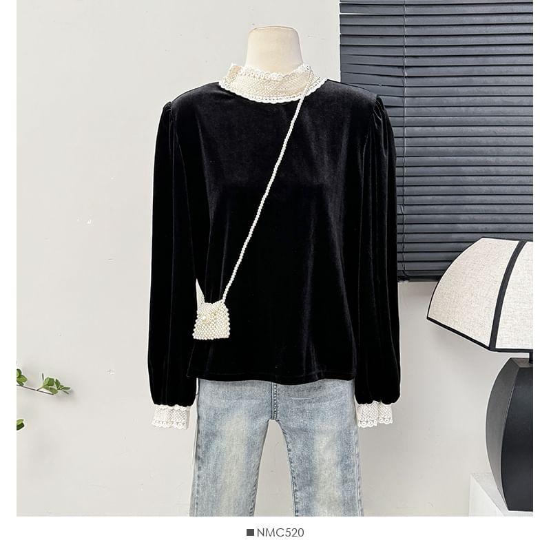 Lace-Trim Loose Velvet Blouse Product Image