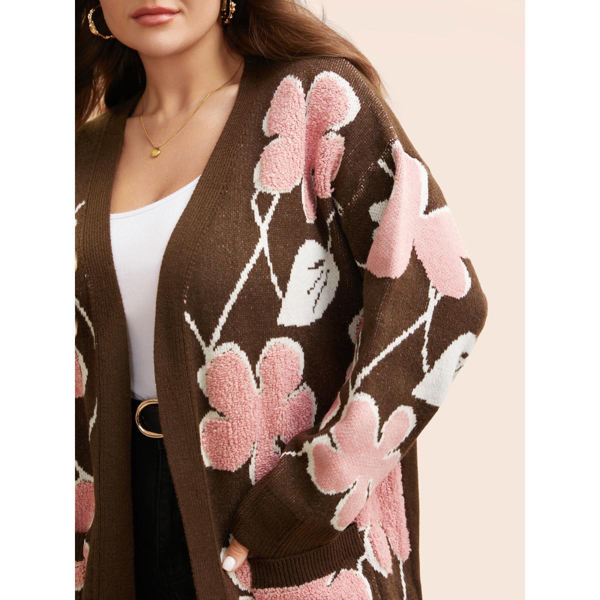Plus Size Floral Jacquard Open Front Pocket Cardigan Browncoffeecolor Women Casual Loose Long Sleeve Everyday Cardigans BloomChic 26/4X Product Image