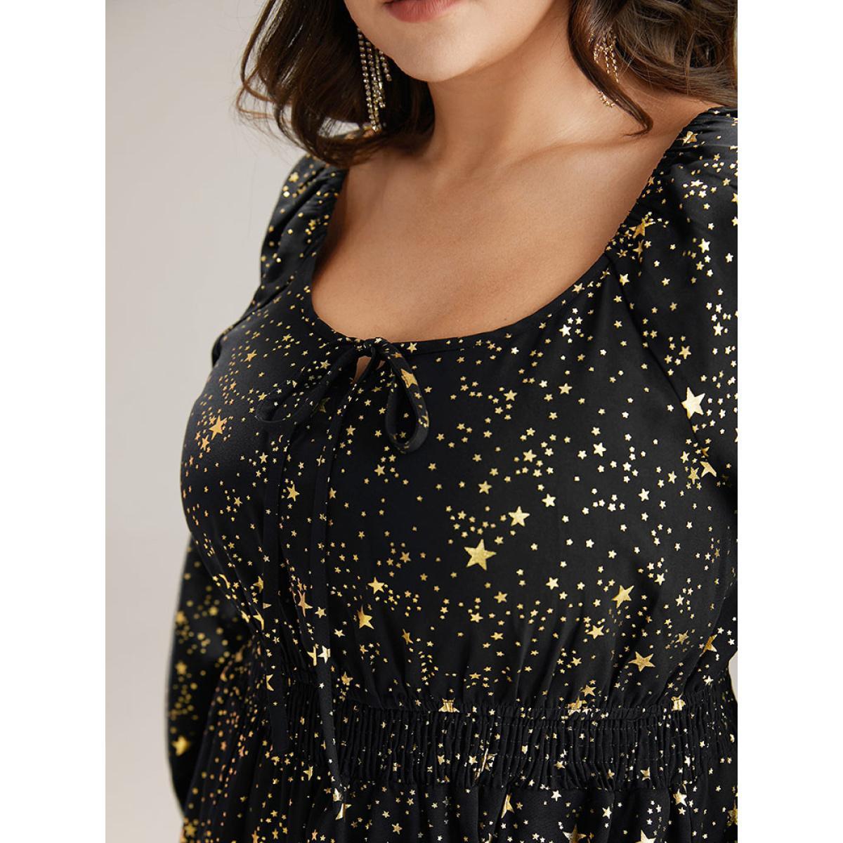 Plus Size Glitter Star Knot Neck Pocket Lantern Sleeve Dress Black Women Party Elastic cuffs Tie Neck Long Sleeve Curvy Midi Dress BloomChic 12/L Product Image