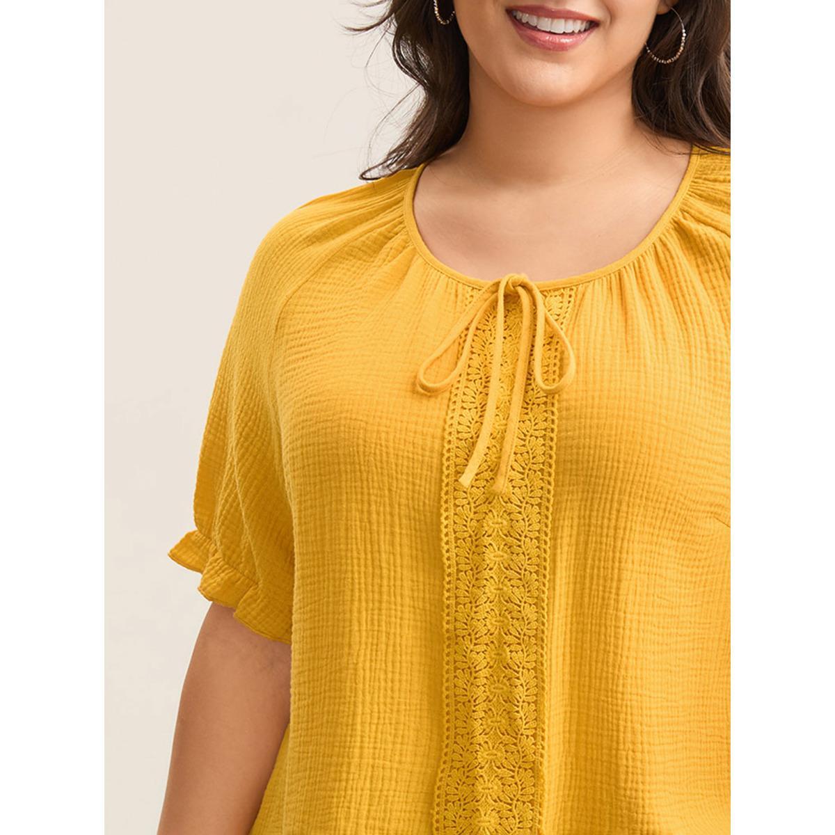 Plus Size Turmeric Pure Cotton Lace Placket Tied Blouse Women Short sleeve Round Neck Everyday-Casual Blouses BloomChic 18-20/2X Product Image
