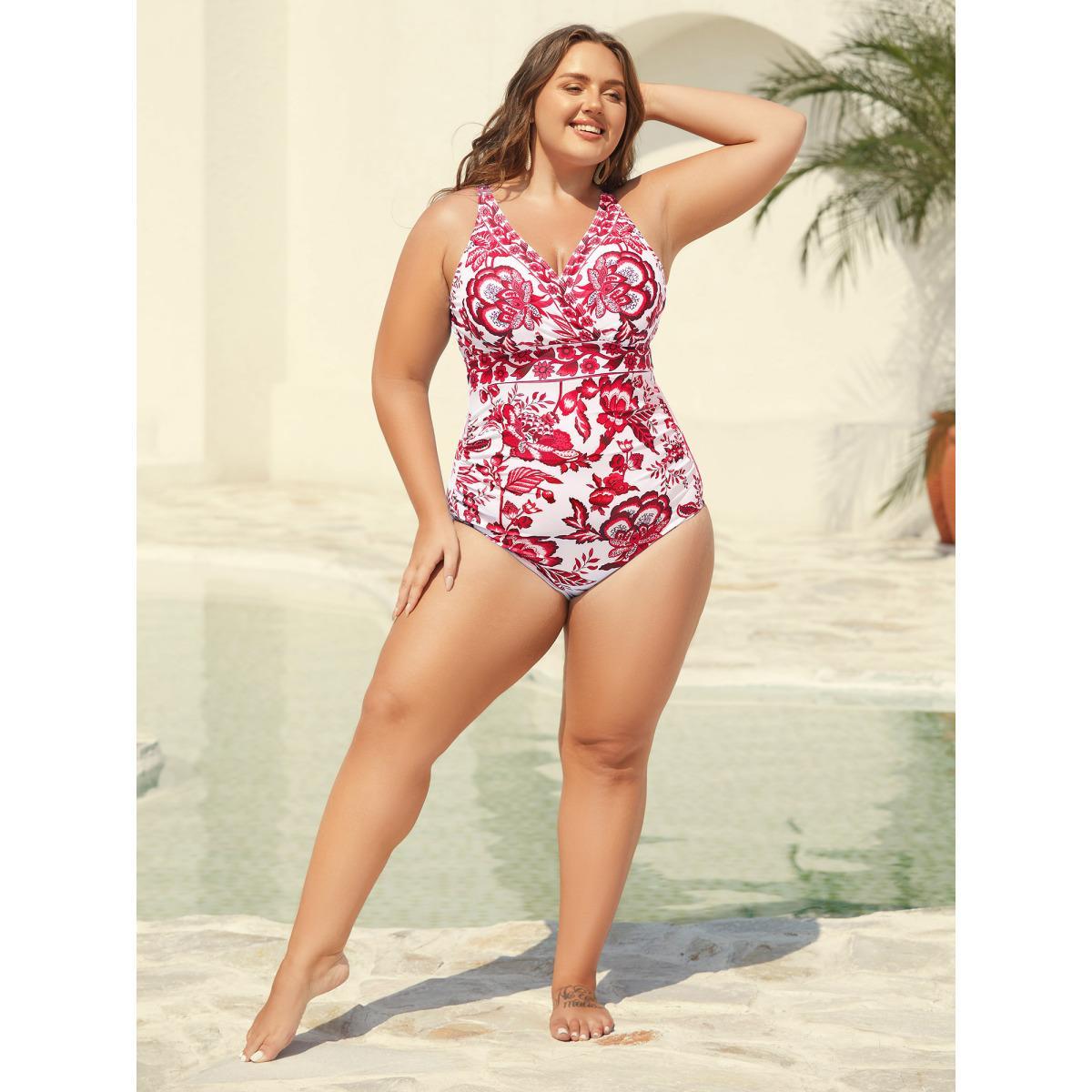 Plus Size Two-Piece Floral Print Ruched Mesh Swimsuit, Sarong Women's Swimwear BlueViolet Beach Gathered Curve Bathing Suits High stretch One Pieces BloomChic 10/M Product Image
