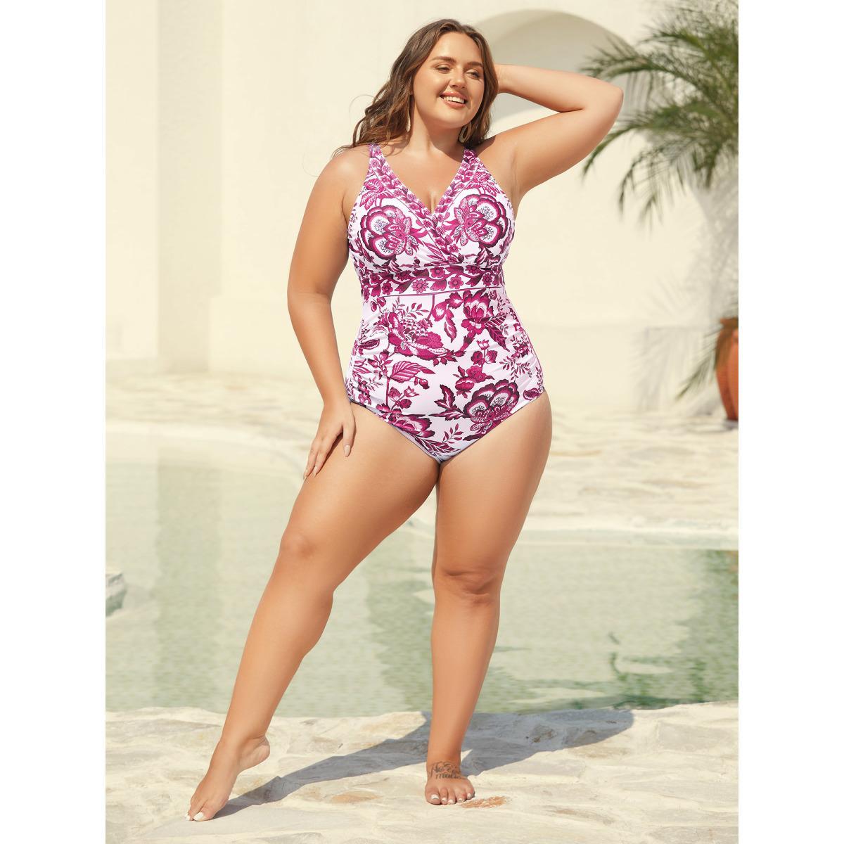Plus Size Two-Piece Floral Print Ruched Mesh Swimsuit, Sarong Women's Swimwear Rosered Beach Gathered Curve Bathing Suits High stretch One Pieces BloomChic 14-16/1X Product Image