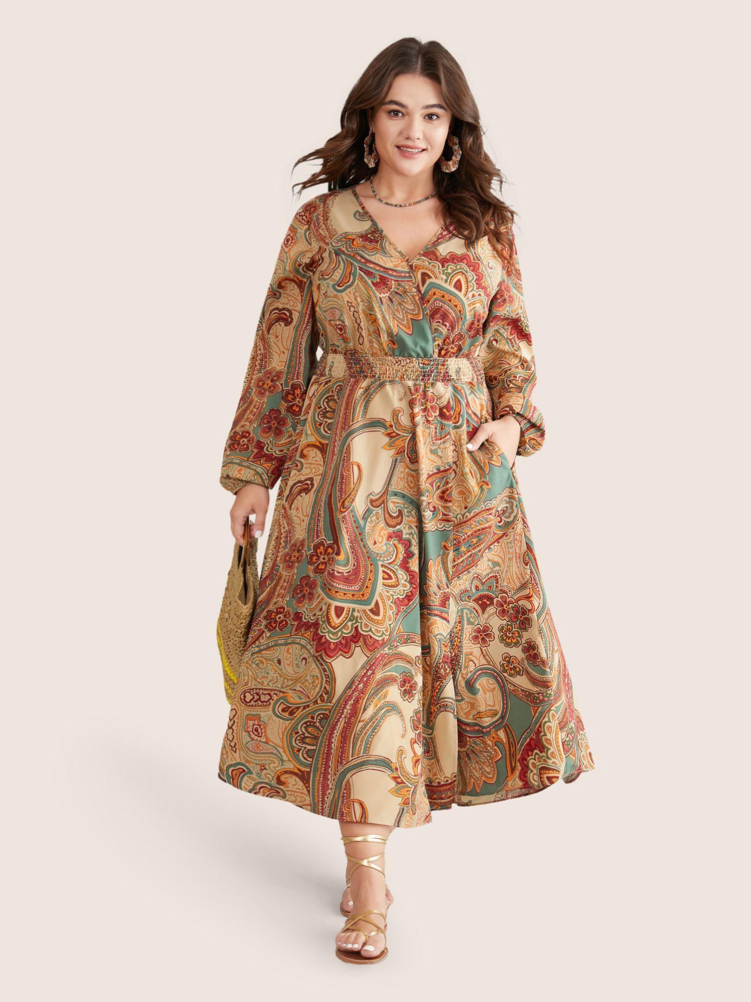 Plus Size Paisley Shirred Split Side Overlap Collar Dress Apricot Women Vacation Elastic cuffs Overlap Collar Long Sleeve Curvy Midi Dress BloomChic 12/L Product Image