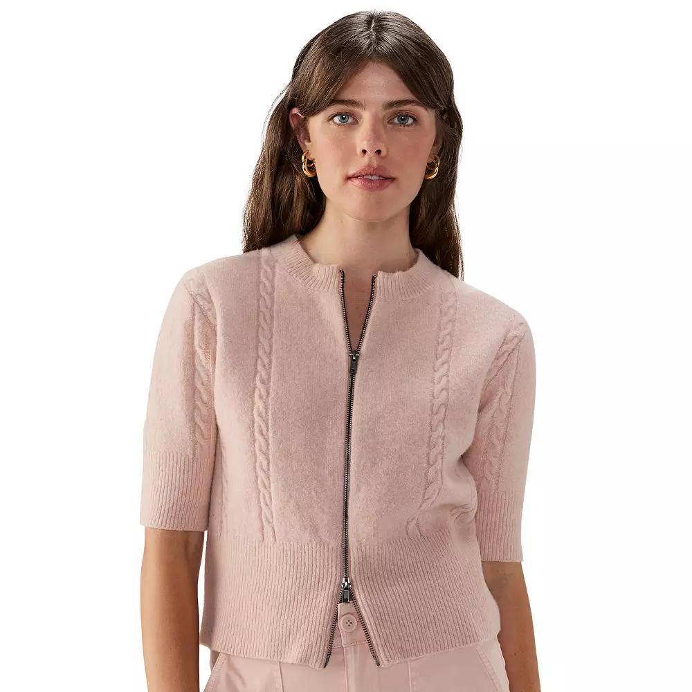 Women's Modern Supply by Sanctuary Zip-Up Short Sleeve Cardigan, Size: XL, Light Pink Product Image