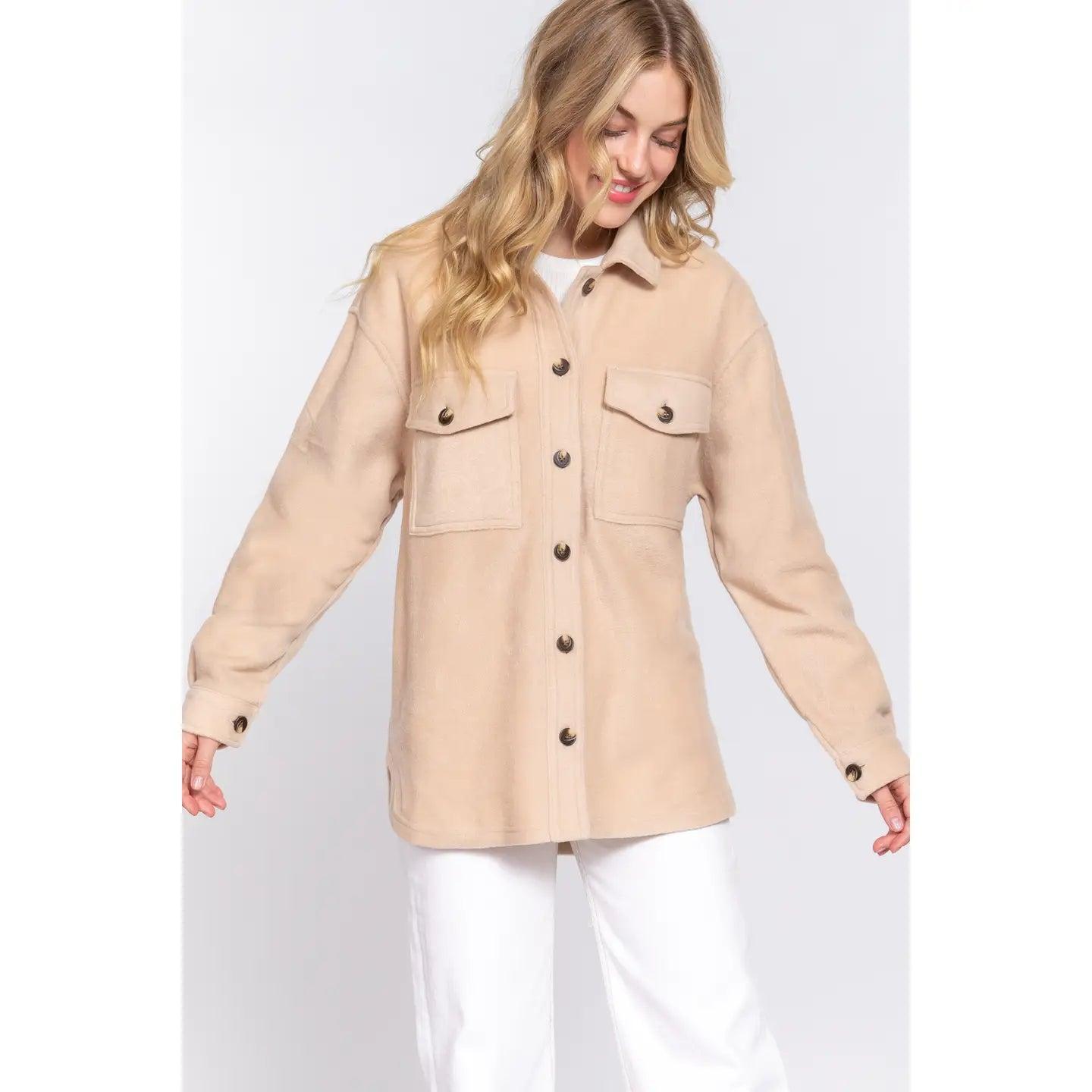 Beige Long Sleeve Notched Collar Front Pocket Fleece Jacket Product Image