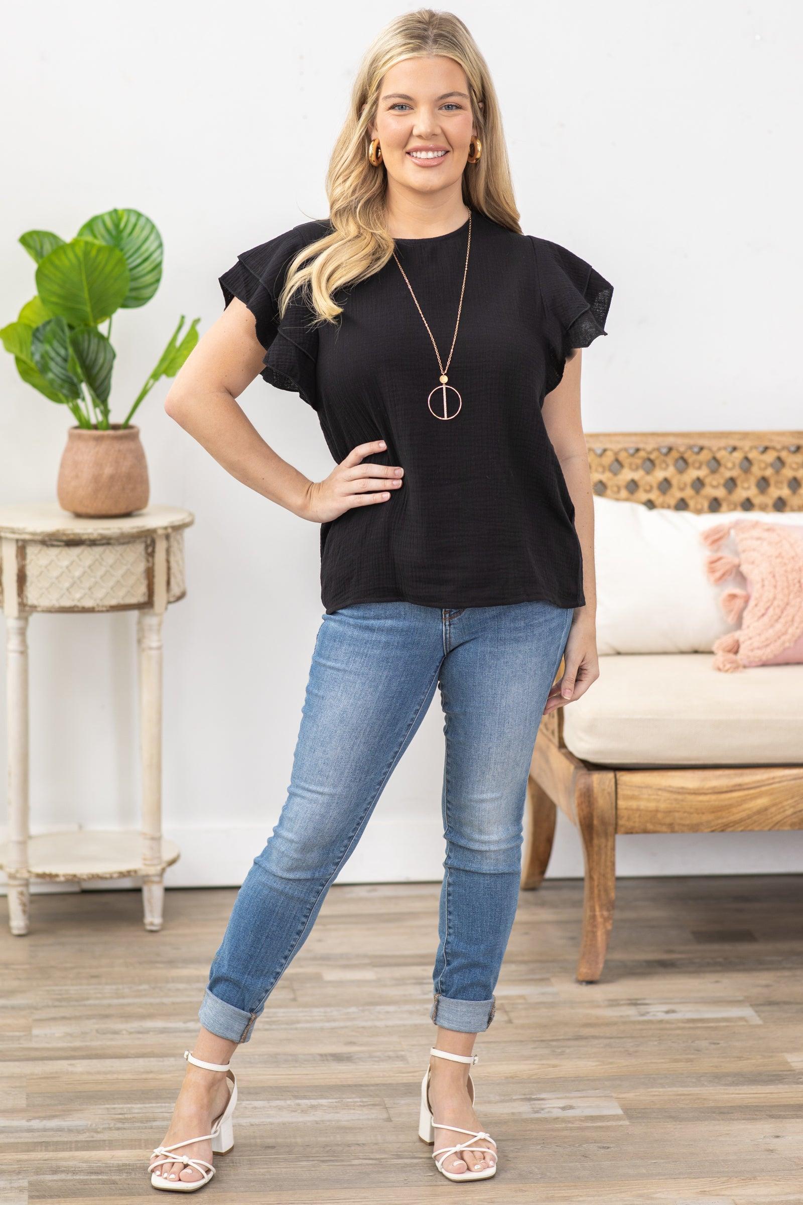 Black Textured Ruffle Sleeve Woven Top Product Image