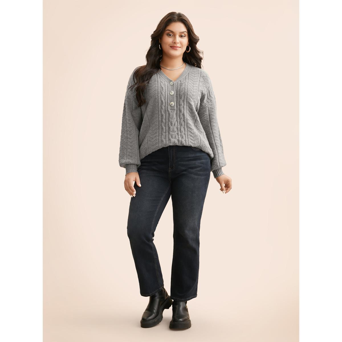 Plus Size Supersoft Essentials Cable Knit Button Up Pullover Mediumgray Women Casual Loose Long Sleeve V-neck Everyday Pullovers BloomChic 10/M Product Image