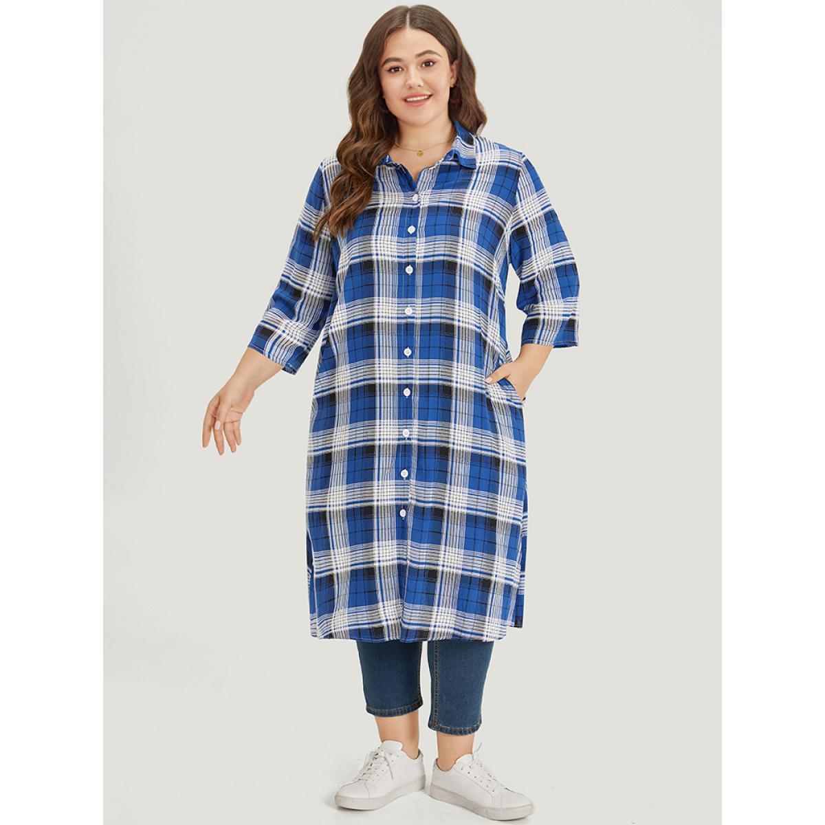 Plus Size Plaid Shirt Collar Pocket Button Through Kimono Women Indigo Casual Button Loose Pocket Dailywear Kimonos BloomChic 30/6X Product Image