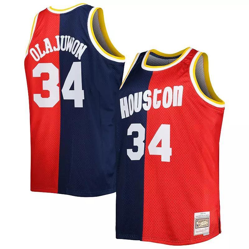 Men's Mitchell & Ness Hakeem Olajuwon Navy/Red Houston Rockets Big & Tall Hardwood Classics 1993/94 Split Swingman Jersey, Size: 6XB, Blue Product Image