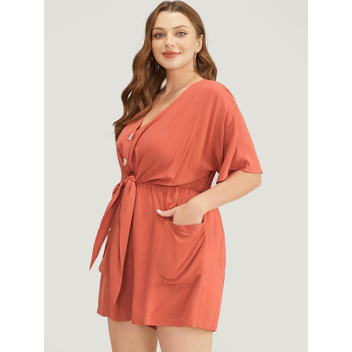 Plus Size Coral Solid Pocket Button Up Belted Knotted Front Romper Women Casual Short sleeve V-neck Dailywear Loose Jumpsuits BloomChic 26/4X Product Image
