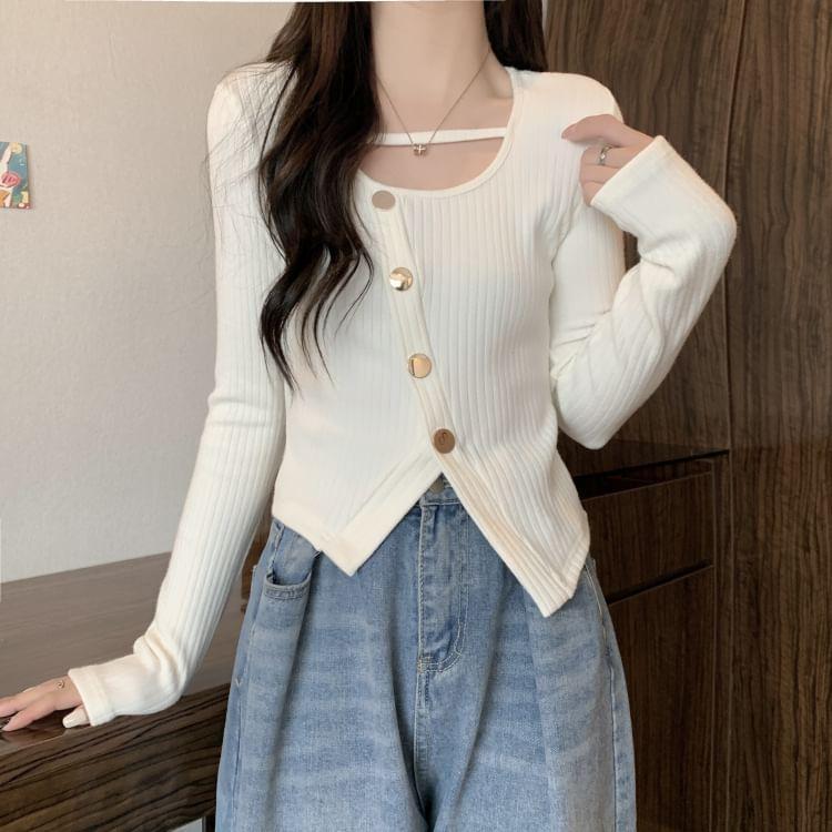 Long-Sleeve Scoop Neck Plain Asymmetrical Ribbed Knit Top Product Image