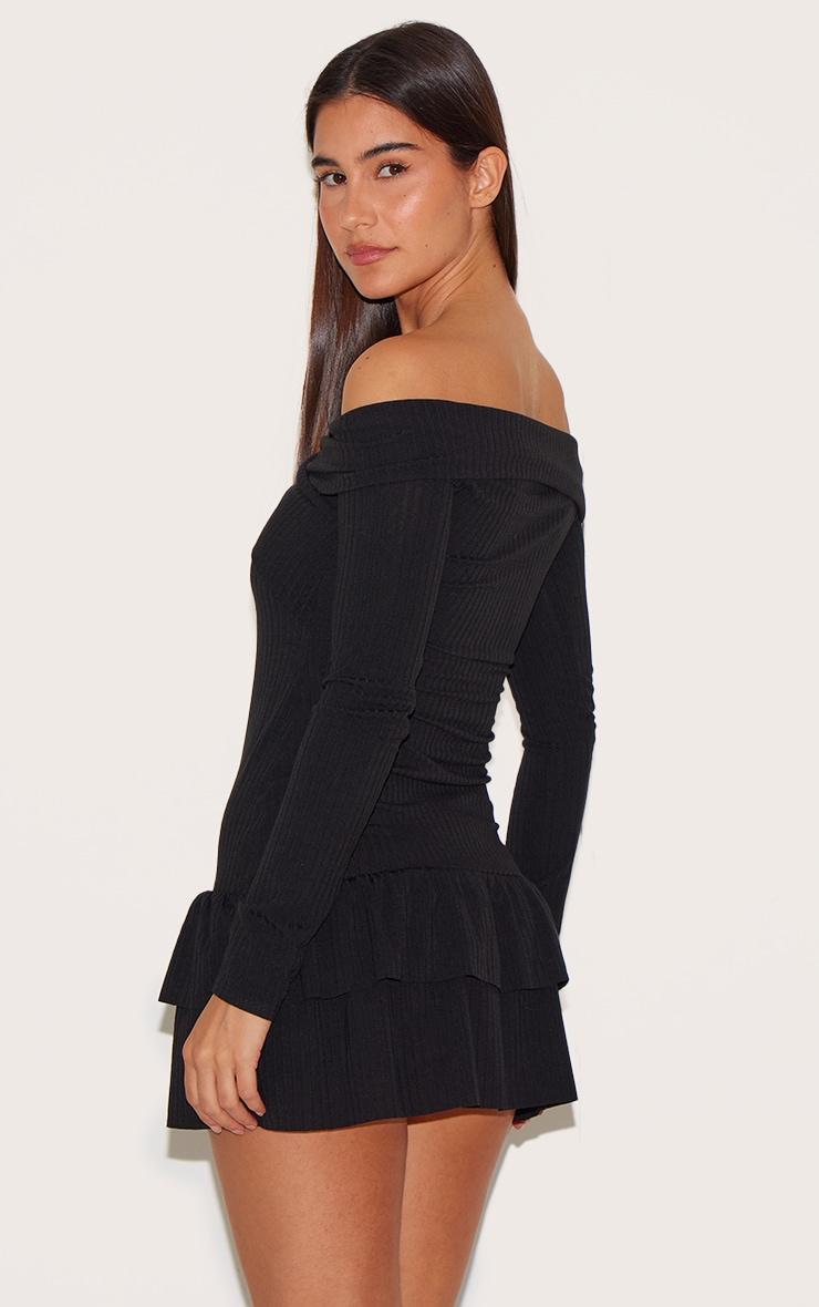Black Ribbed Bardot Cross Over Bust Detail Shift Dress Product Image
