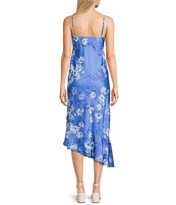 B. Darlin Floral Print Satin V-Neck Tie Front Asymmetrical Ruffle Hem Midi Dress Product Image