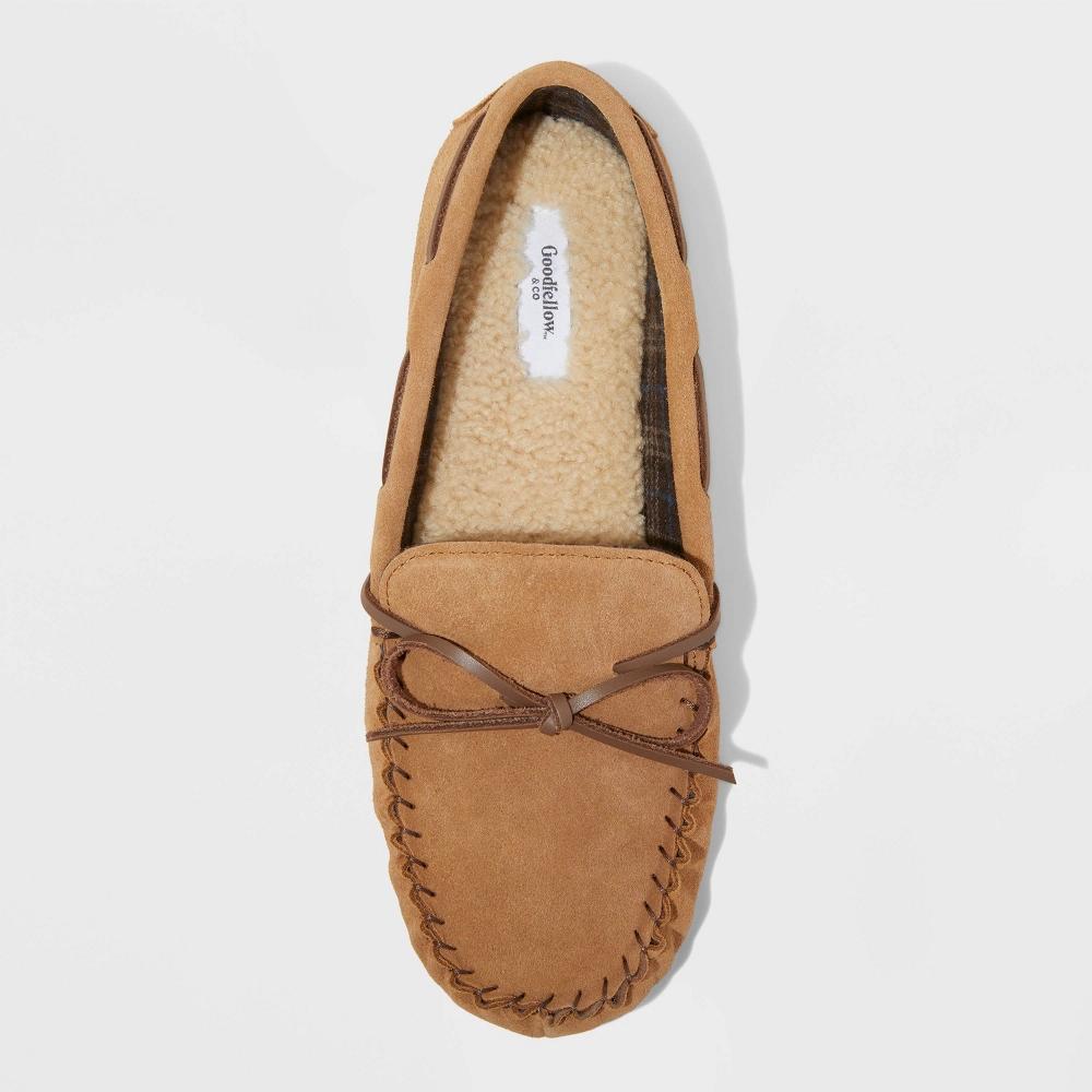 Men's Topher Moccasin Slippers - Goodfellow & Co™ Chestnut 12: Indoor/Outdoor Sole, Breathable Suede Product Image