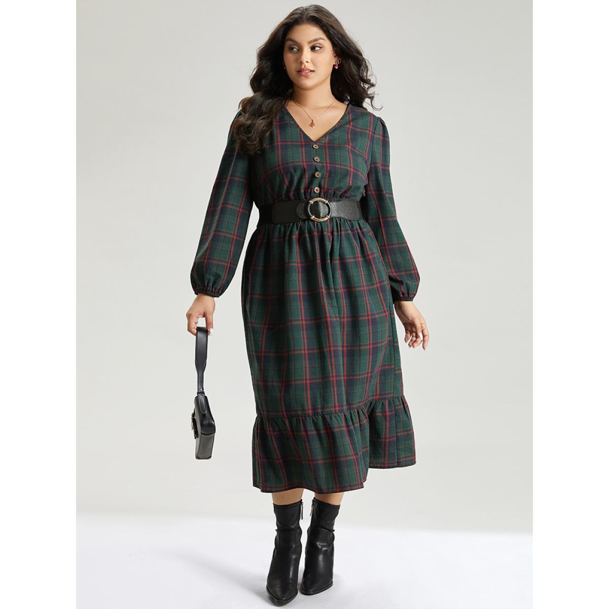 Plus Size Plaid Shirred Button Detail Ruffle Hem Dress Multicolor Women Office Elastic cuffs V-neck Long Sleeve Curvy Midi Dress BloomChic 10/M Product Image