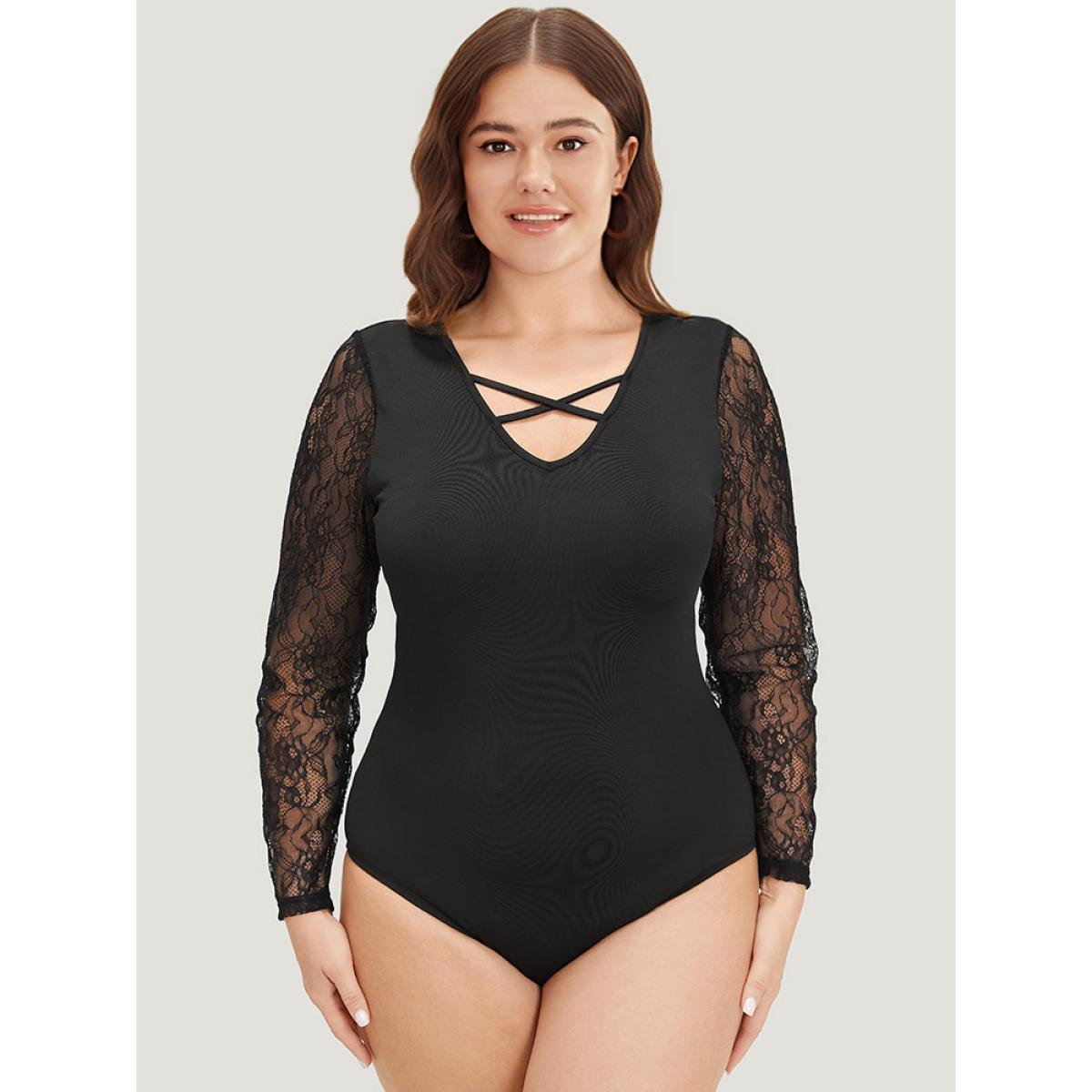Plus Size Plain Lace Mesh Patchwork Crisscross Bodysuit Women Black Plain Patchwork Bodysuits BloomChic 12/L Product Image