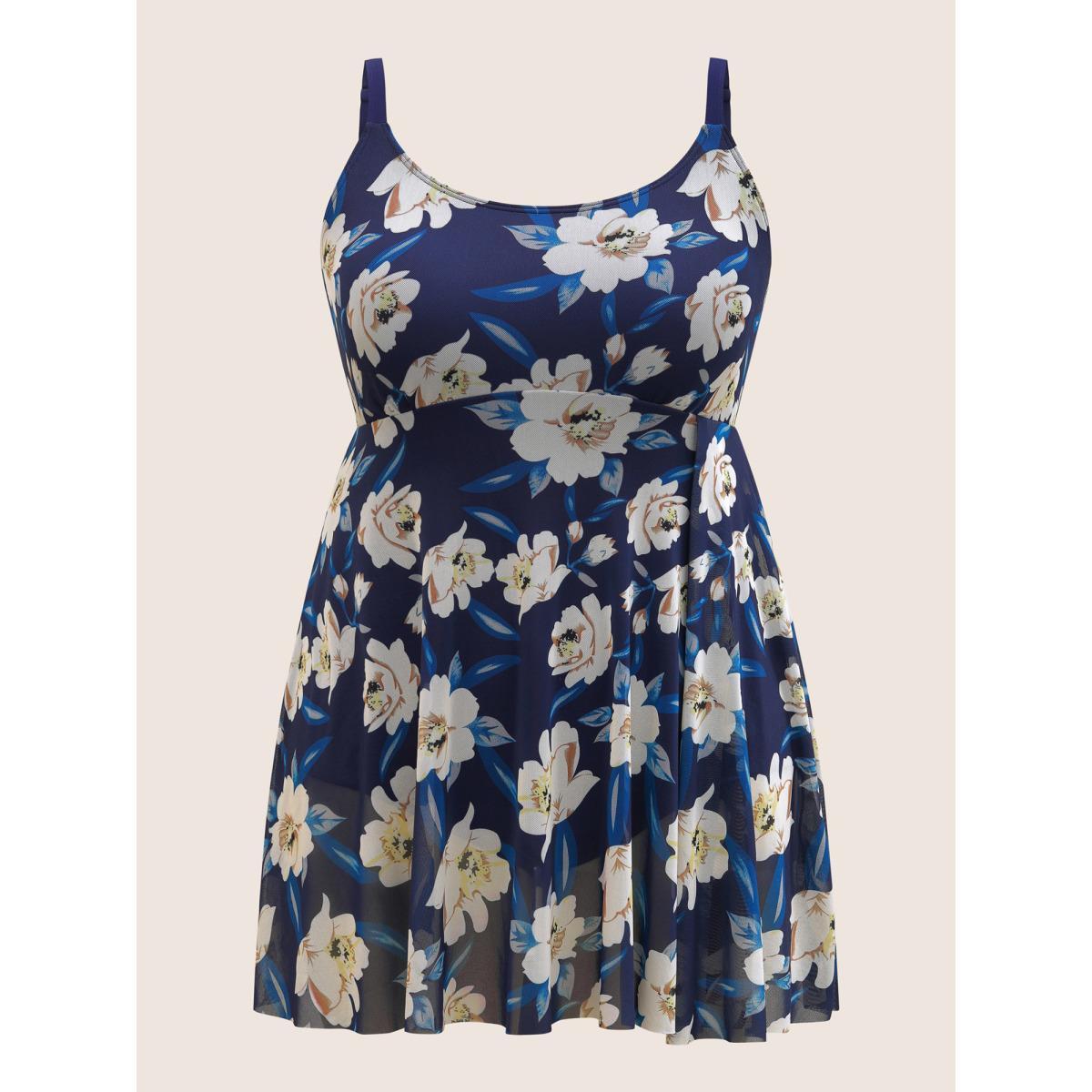 Plus Size Floral Adjustable Straps Split Hem Swim Dress Women's Swimwear Indigo Beach Bodycon U-neck High stretch Curve Swim Dresses BloomChic 30/6X Product Image