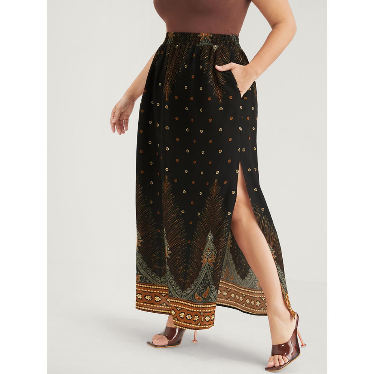 Plus Size Bandana Pocket Elastic Waist Split Skirt Women Black Vacation Printed No stretch Pocket Dailywear Skirts BloomChic 10/M Product Image