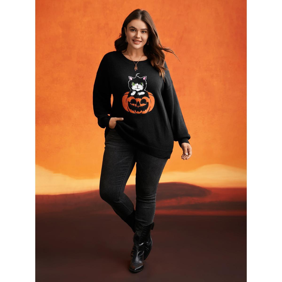 Plus Size Embroidered Cat In Pumpkin Crew Neck Pullover Black Women Casual Long Sleeve Round Neck Everyday Pullovers BloomChic 14-16/1X Product Image