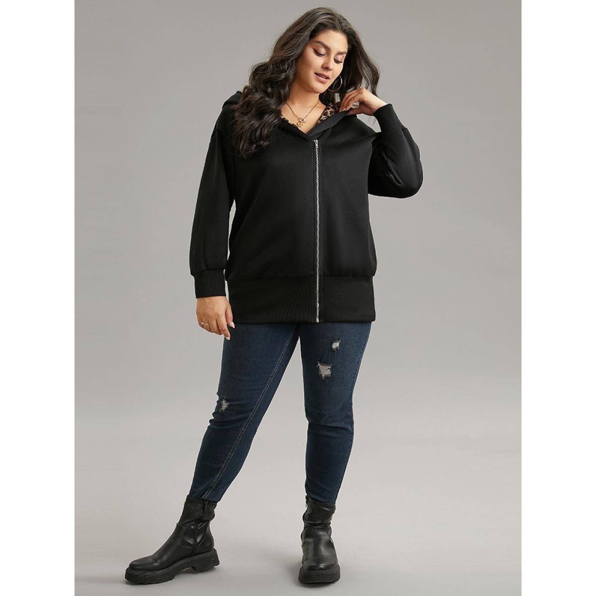 Plus Size Leopard Patchwork Zipper Hooded Jacket Women Black Contrast Pocket Dailywear Jackets BloomChic 22-24/3X Product Image