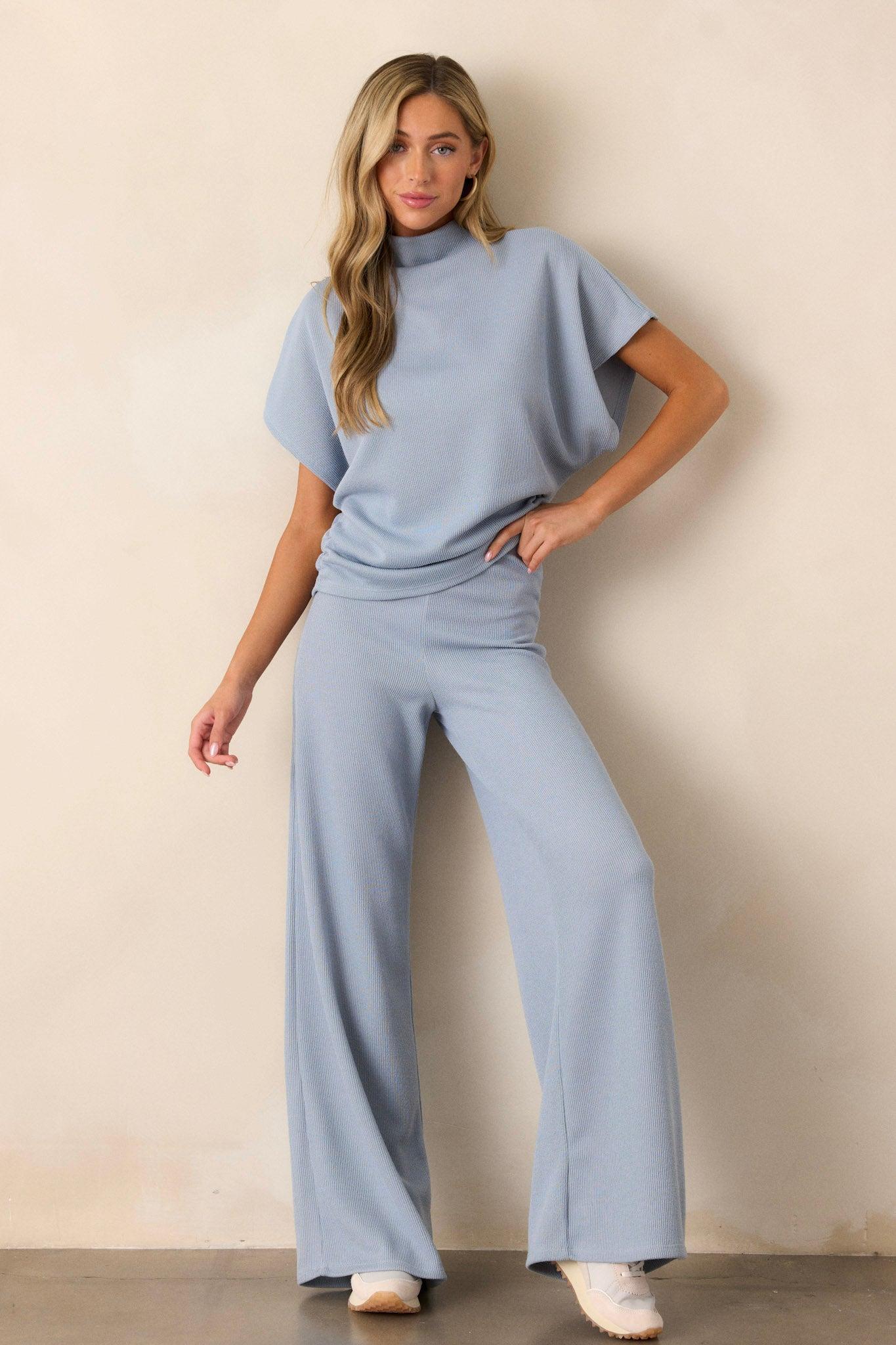 Waterfall Mist Ash Blue Knit Wide Leg Pants Product Image