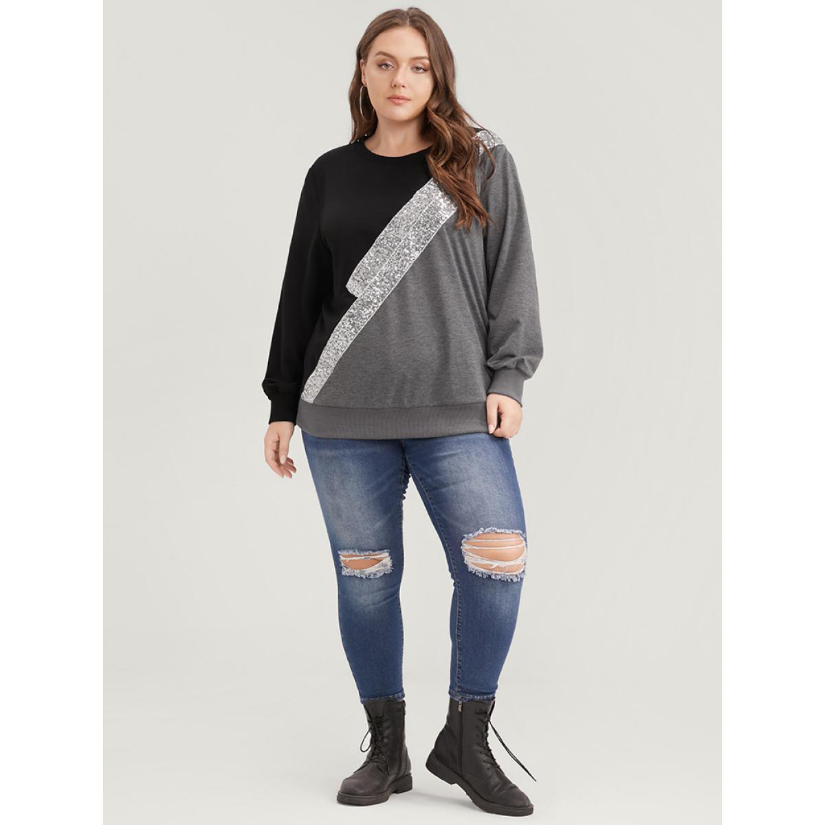 Plus Size Colorblock Contrast Sequin Drop Shoulder Sweatshirt Women DimGray Casual Contrast Round Neck Dailywear Sweatshirts BloomChic 26/4X Product Image