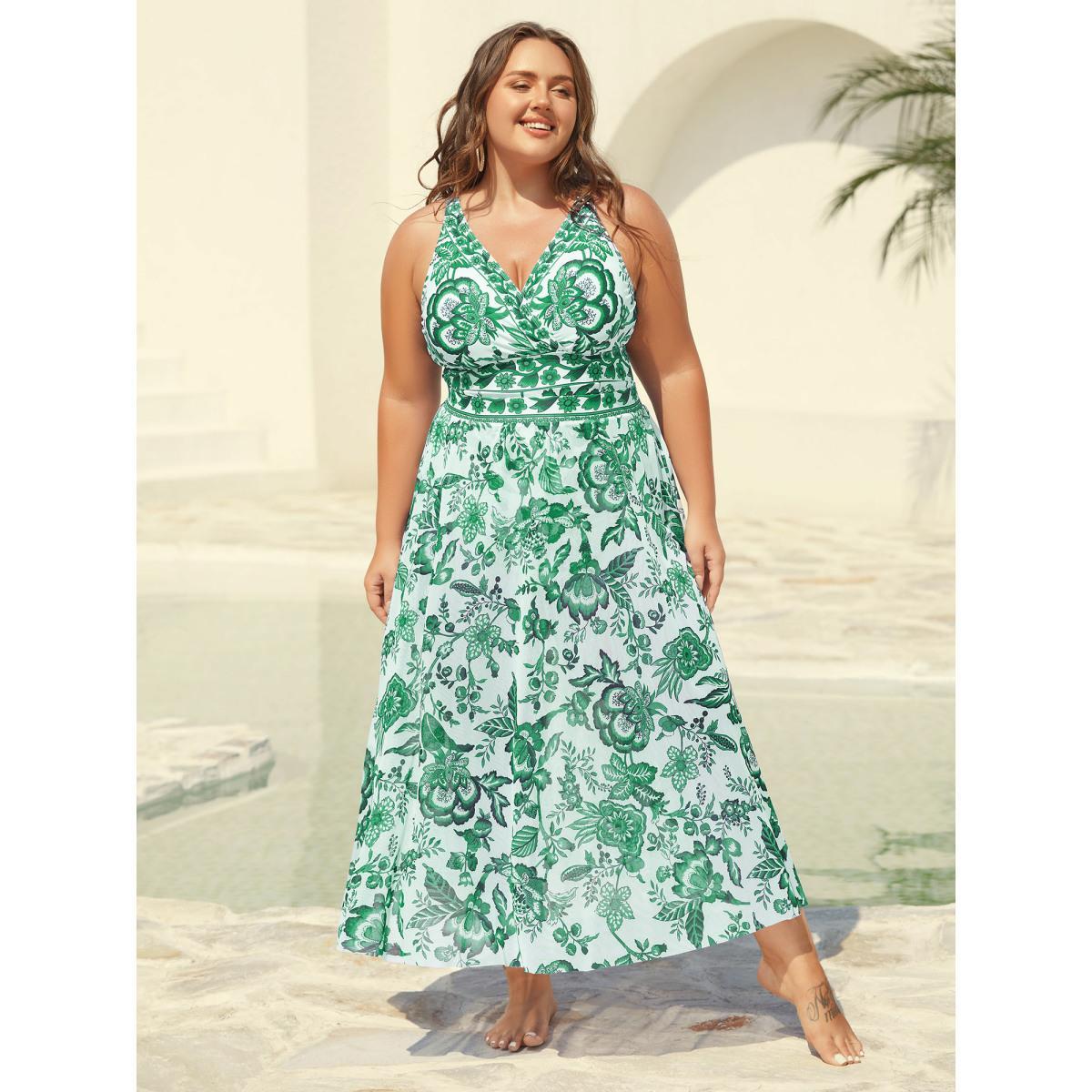 Plus Size Two-Piece Floral Print Ruched Mesh Swimsuit, Sarong Women's Swimwear Rosered Beach Gathered Curve Bathing Suits High stretch One Pieces BloomChic 14-16/1X Product Image