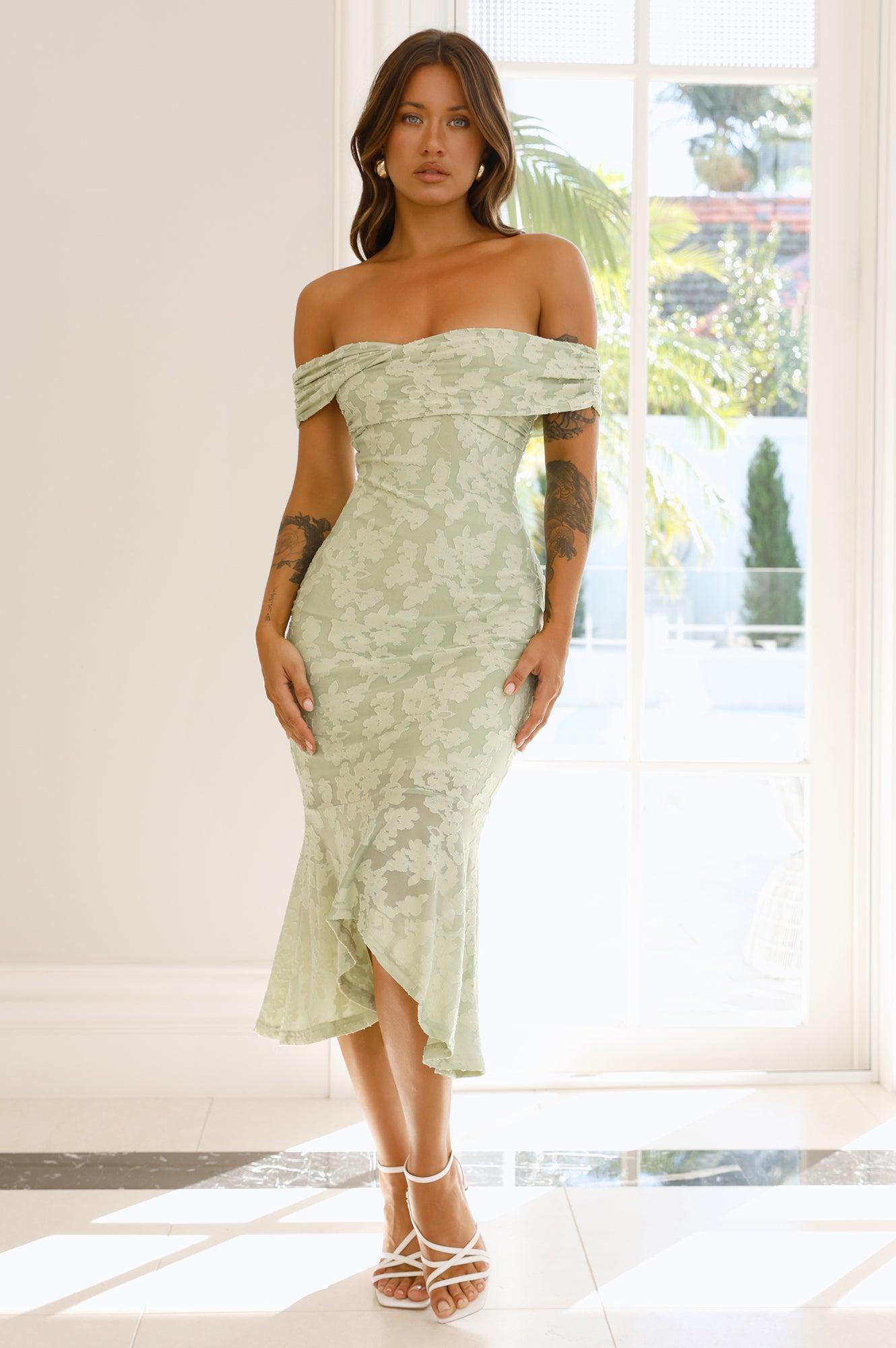 Botanical Embrace Off Shoulder Midi Dress Sage Product Image