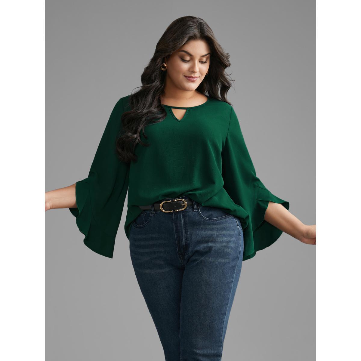 Plus Size Emerald Solid Keyhole Ruffle Sleeve Blouse Women Elegant Extra Long Sleeve Round Neck Everyday Blouses BloomChic 18-20/2X Product Image