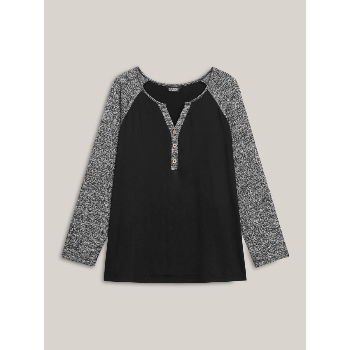 Plus Size Heather Patchwork Button Detail Stretchy T-Shirt Black Women Casual Contrast Flat collar with V-notch Everyday T-shirts BloomChic 26/4X Product Image