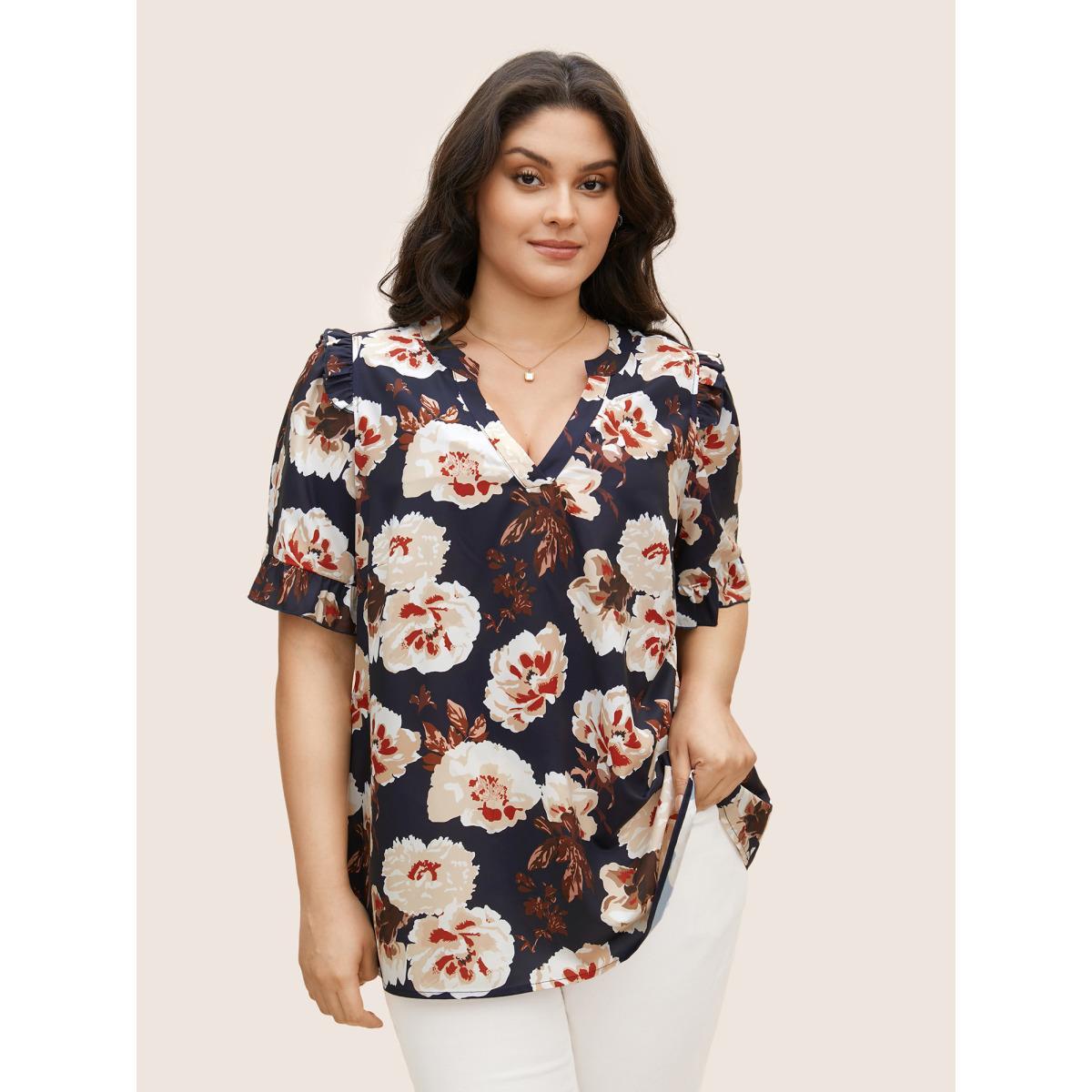 Plus Size Indigo Floral Notched Collar Ruffle Trim Blouse Women Elegant Short sleeve Flat collar with V-notch Everyday Blouses BloomChic 28/5X Product Image